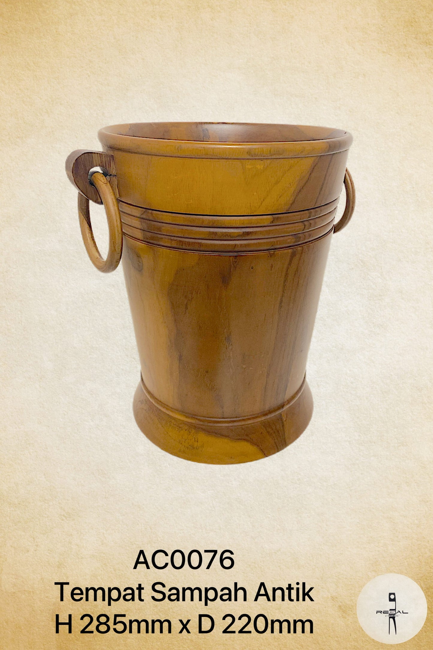 Antique wooden decorative basket with a handle, displaying a rich brown and darker brown wooden grain, with no visible trimmings or additional decorations.