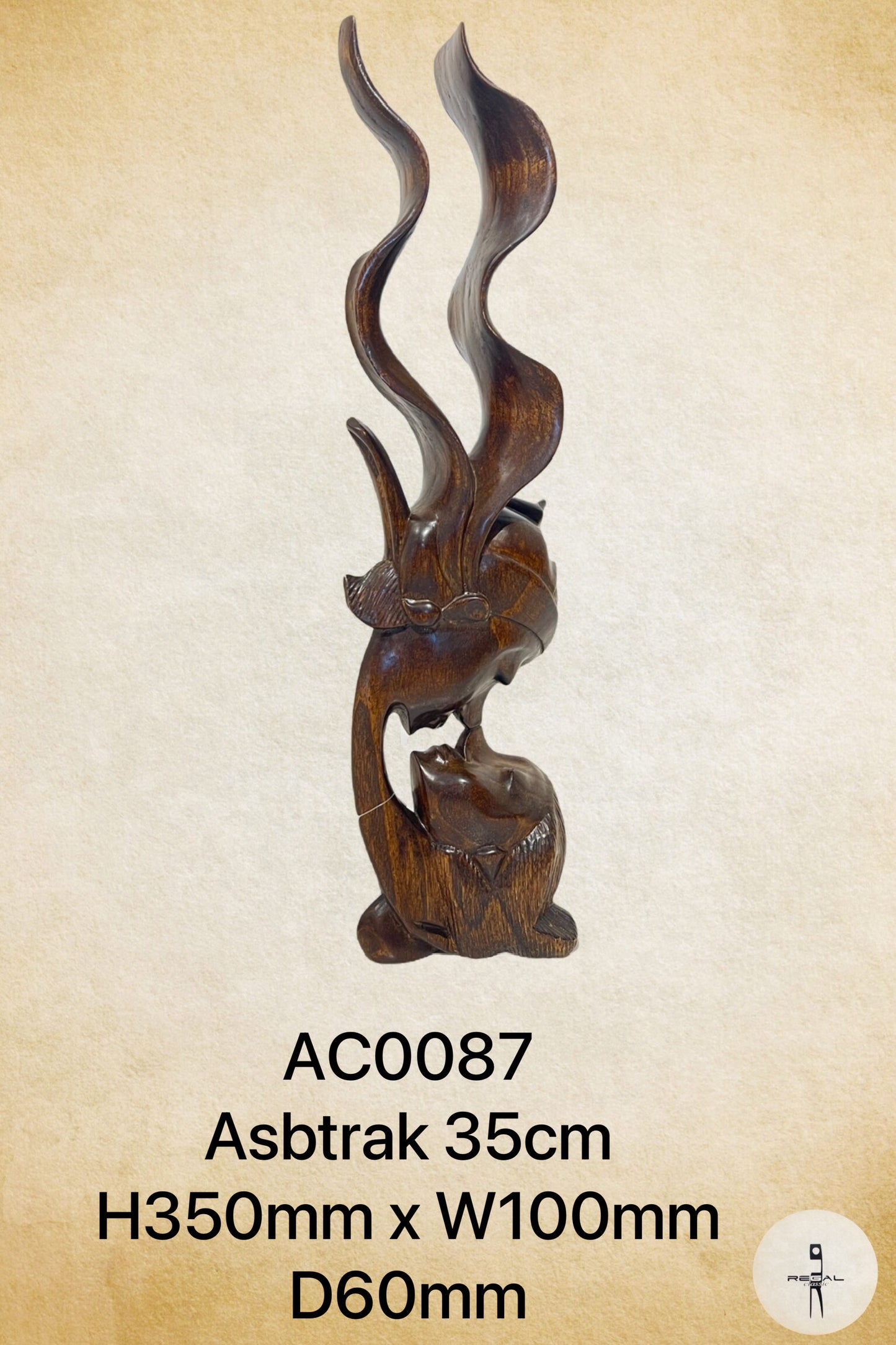 A wooden sculpture of an animal, possibly a goat, with a stylized design