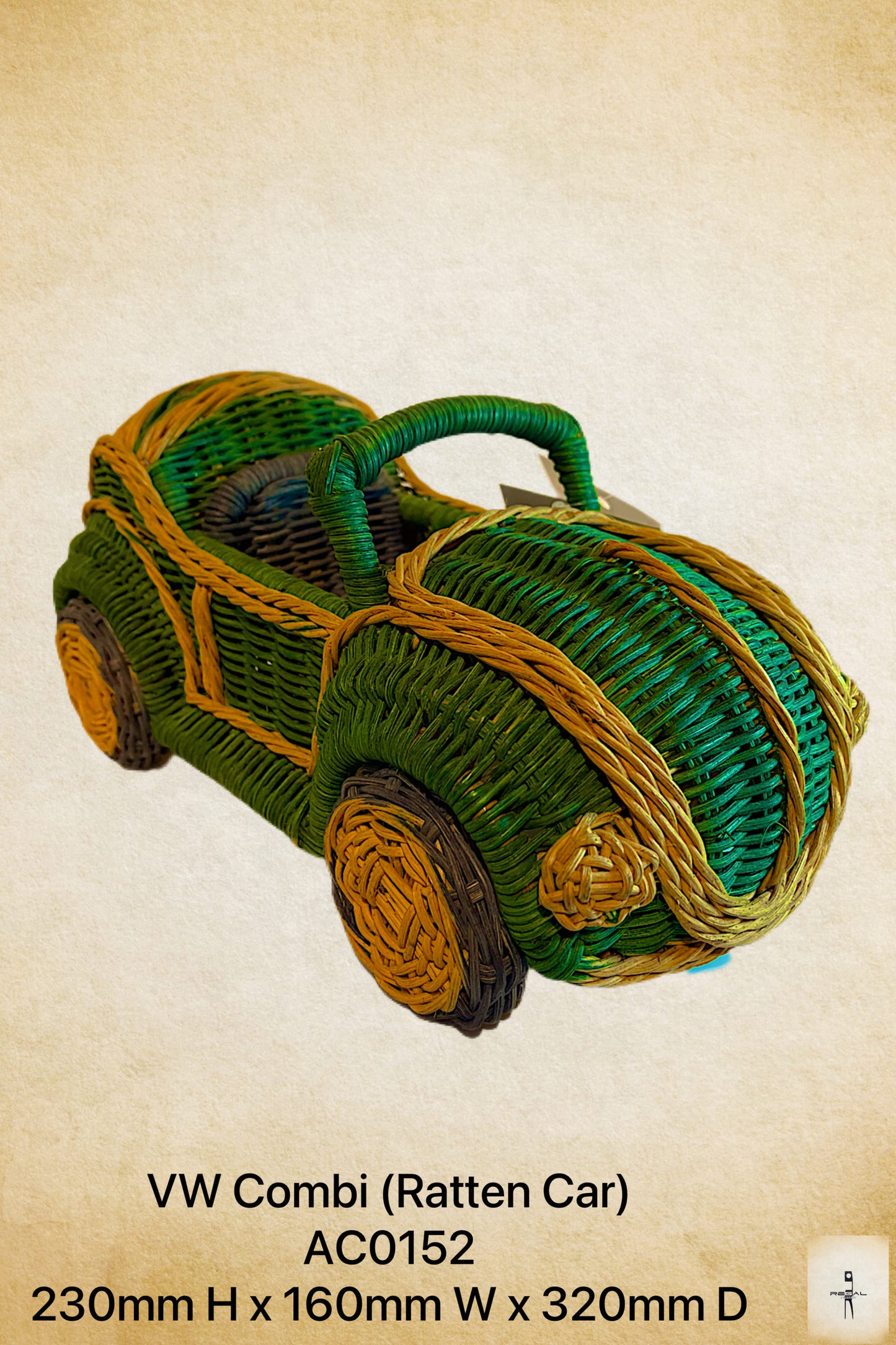 A rattan craft car designed to resemble a green and brown Volkswagen Beetle.