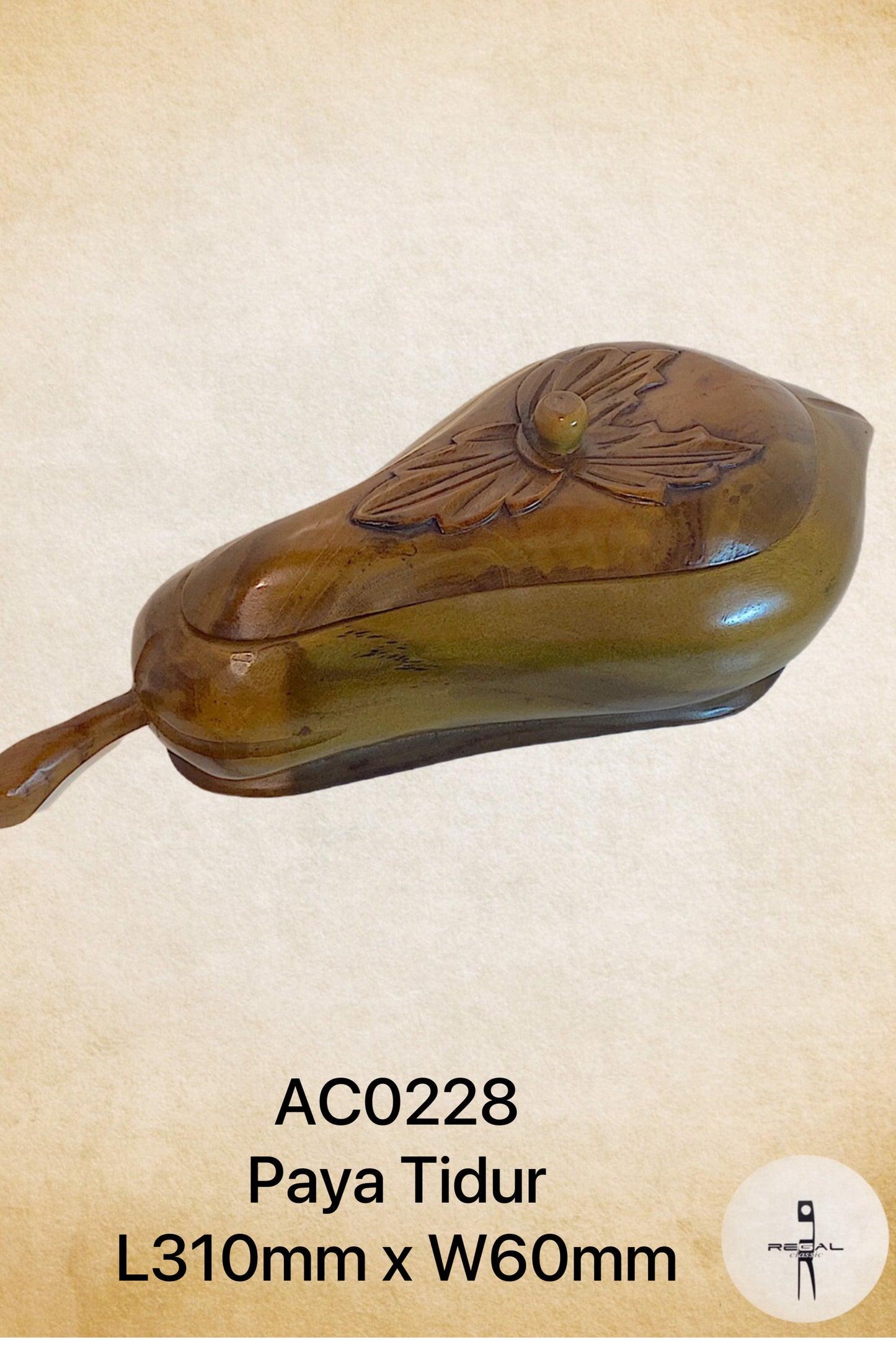 A decorative, elongated, brown-colored accessory with a floral pattern, made of wood