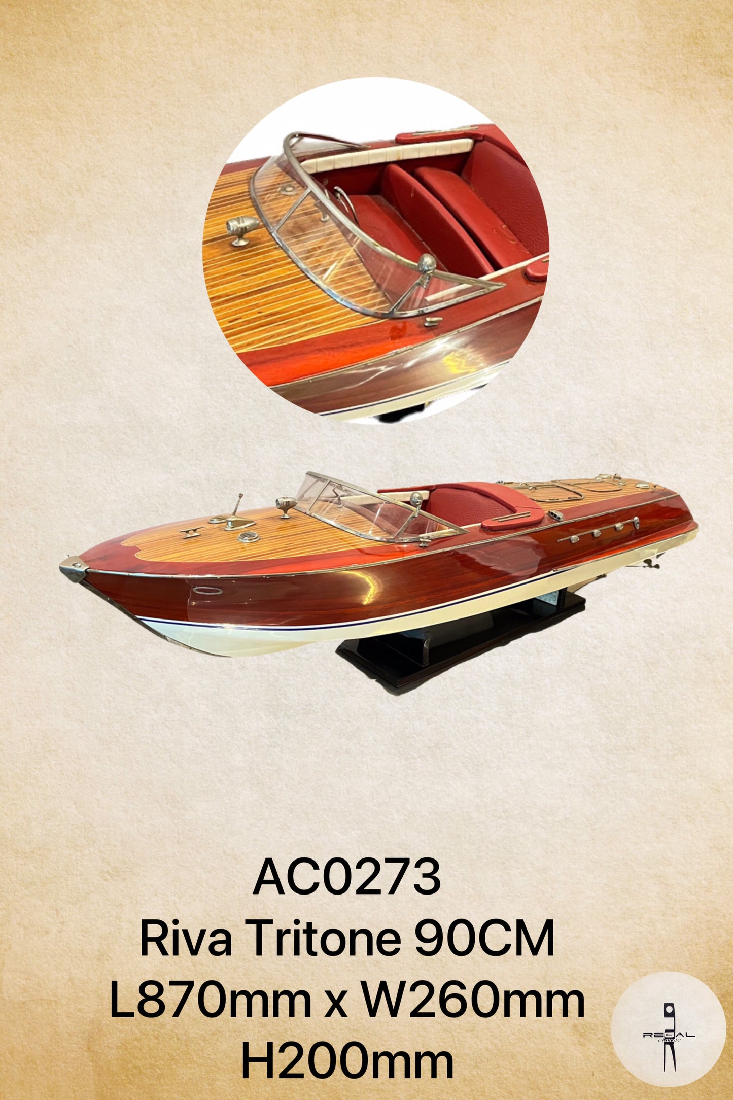 A wooden boat trim, identified as Riva Tritione 90cm, displayed against the backdrop of a boat's interior.