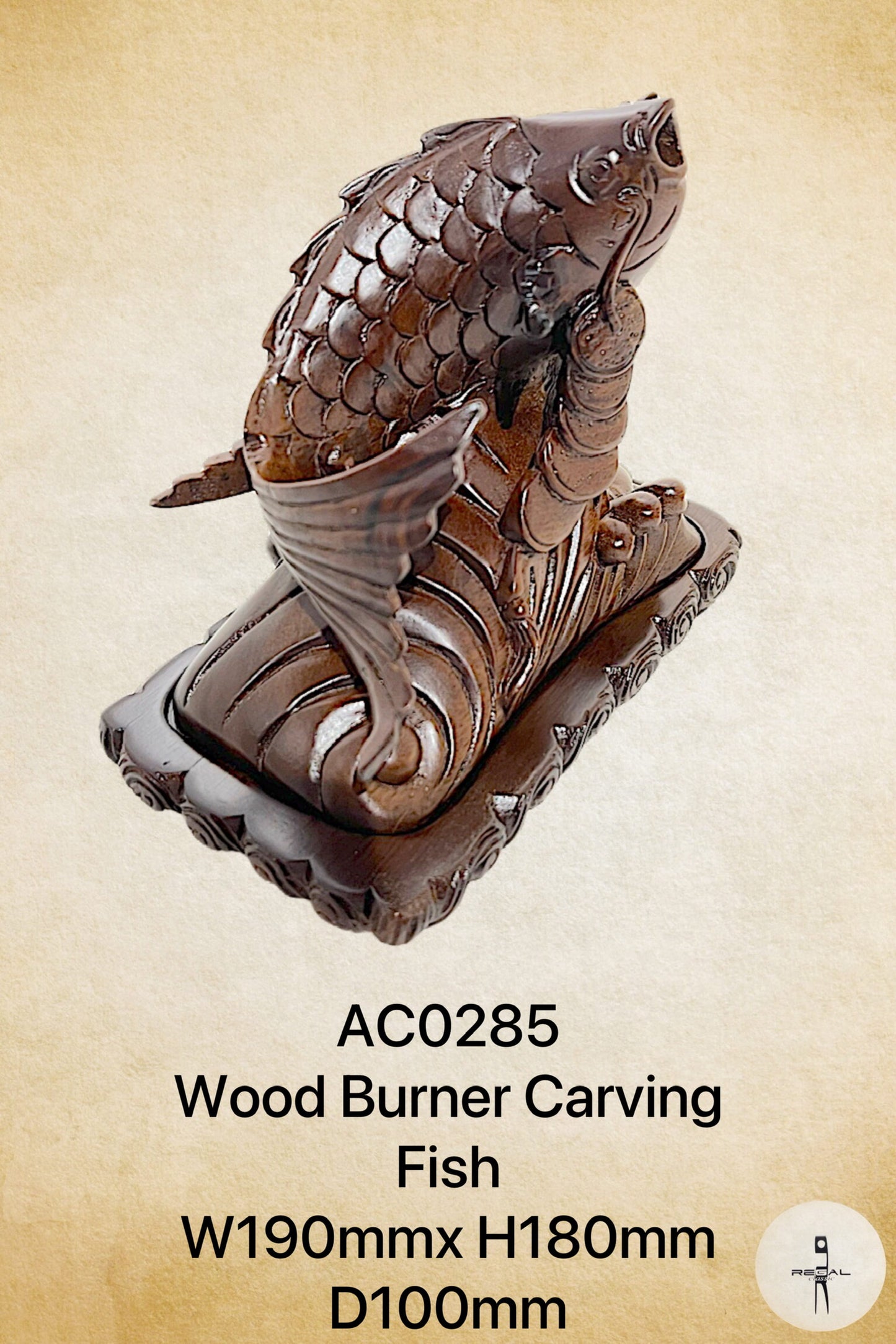 A wood burner carving of a fish on a wooden base, with a dark-colored finish.