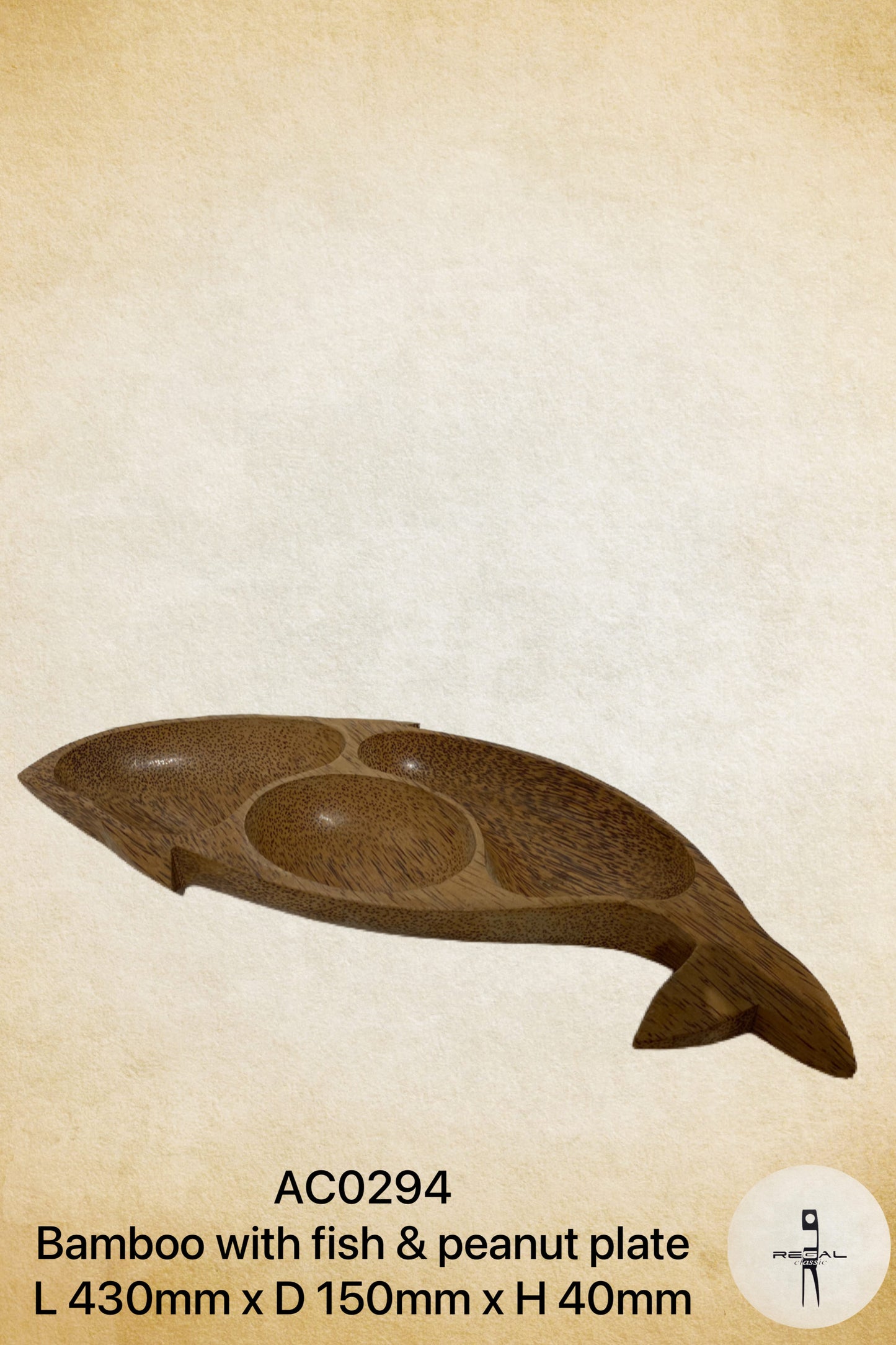 A bamboo fish-shaped plate with natural color variations.