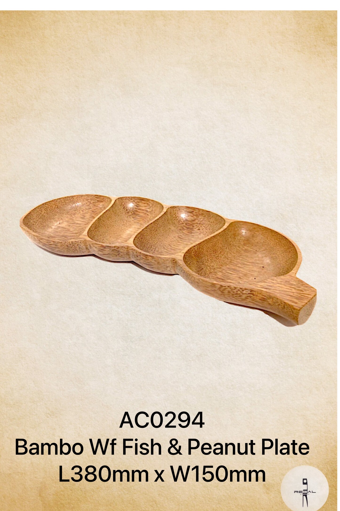 A bamboo fish and peanut plate with multiple sections for serving.