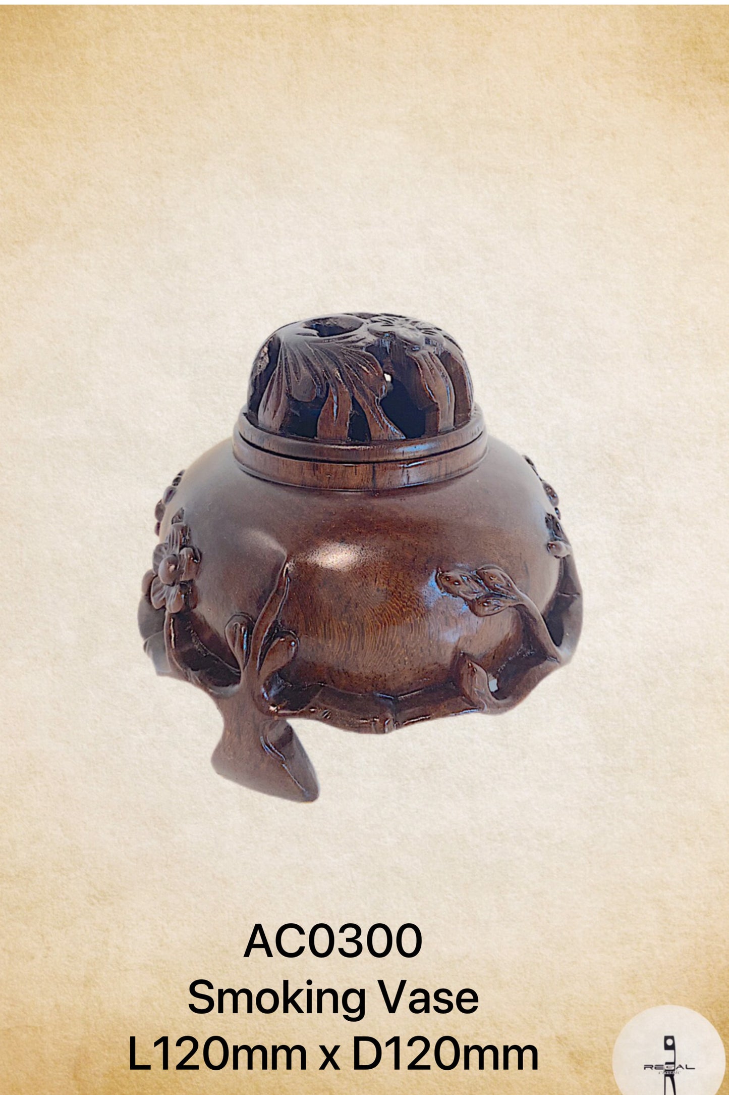 A brown wooden smoking vase with a lid, featuring some decorative elements on the side.