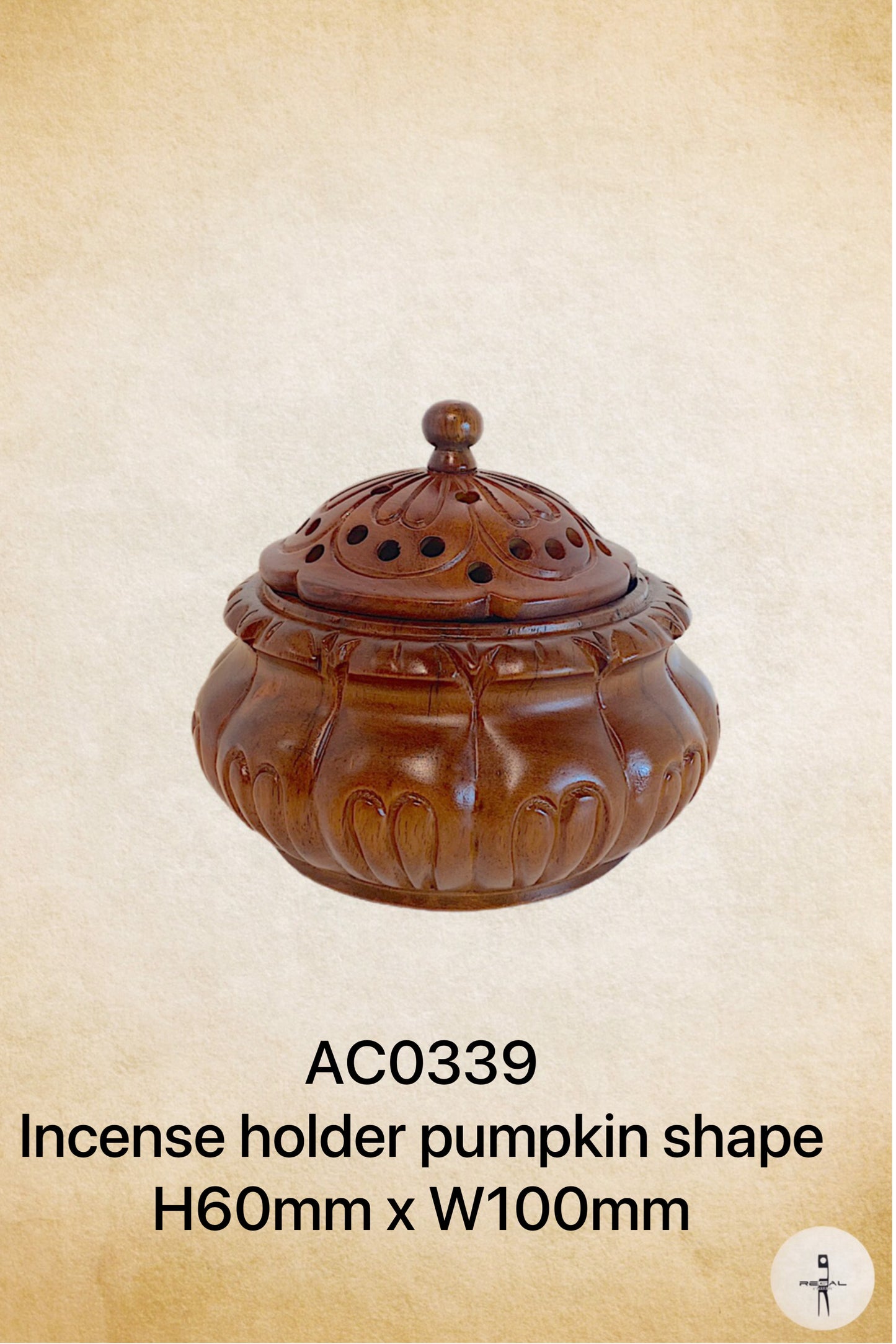 A brown wooden incense holder in a pumpkin shape with a removable lid