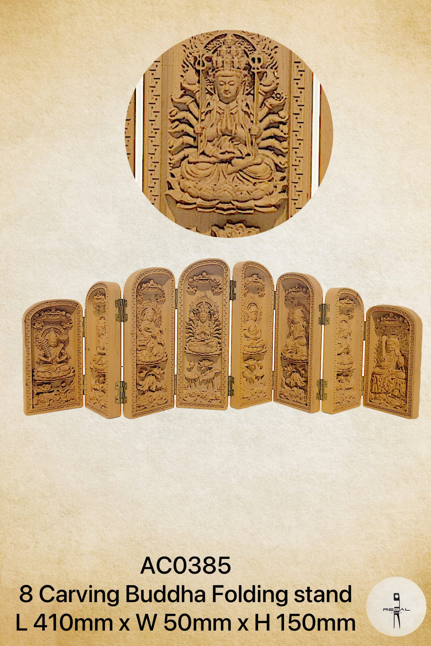 A set of eight beige wooden carvings depicting Buddha figures, arranged in a stand with multiple units stacked vertically.