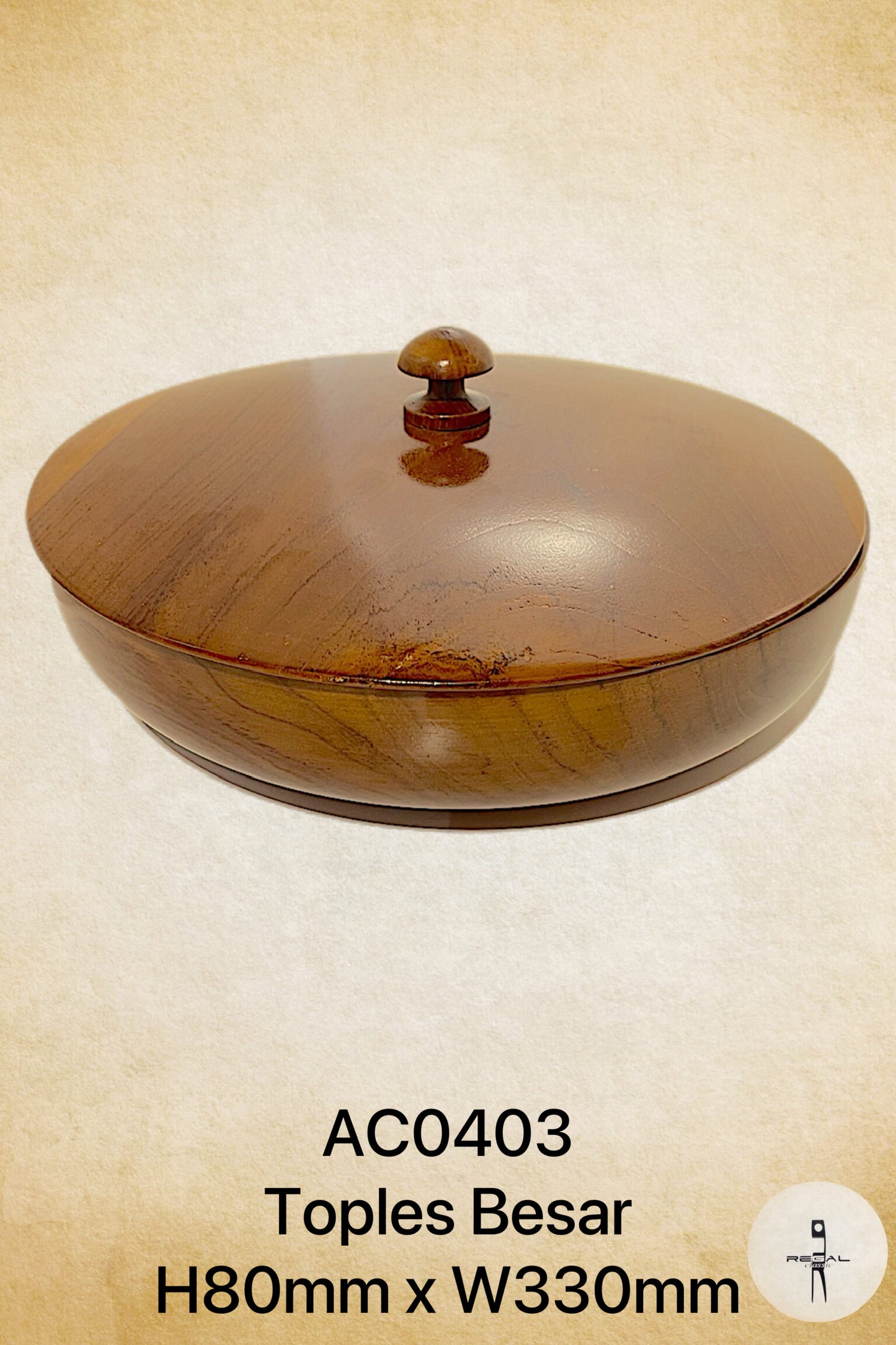 A round wooden box with a lid handle on top.