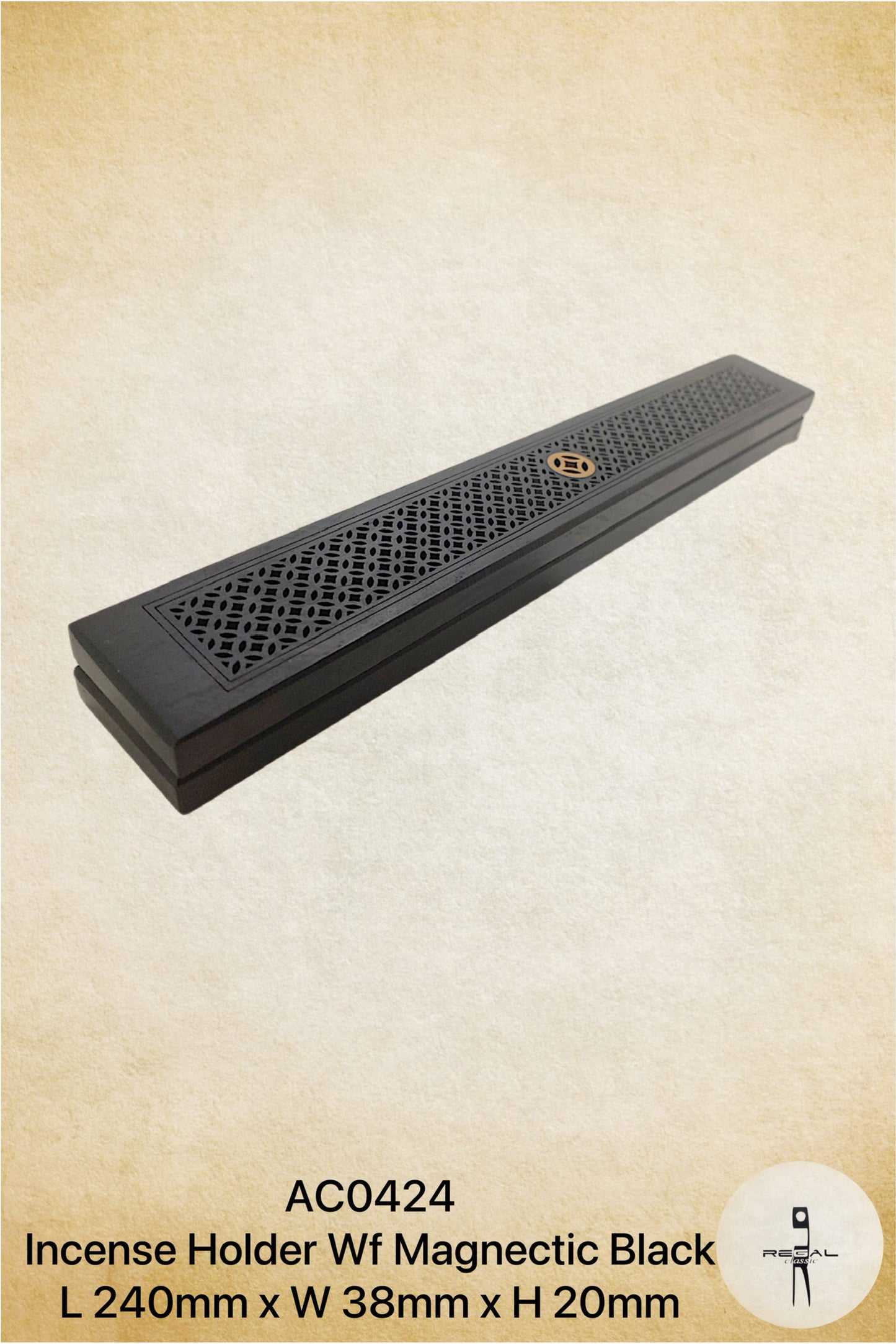 A black magnetic incense holder with a geometric pattern.