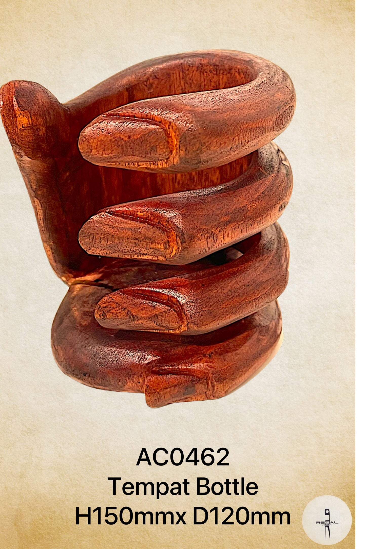 A wooden bottle holder designed to resemble a pair of hands, with a rich brown finish.