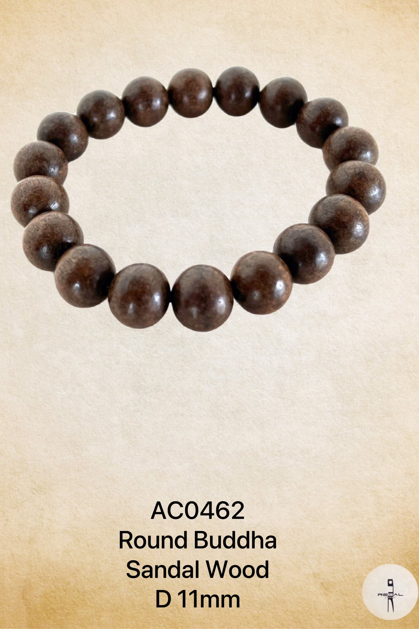 A series of round brown sandalwood beads strung on a light brown thread