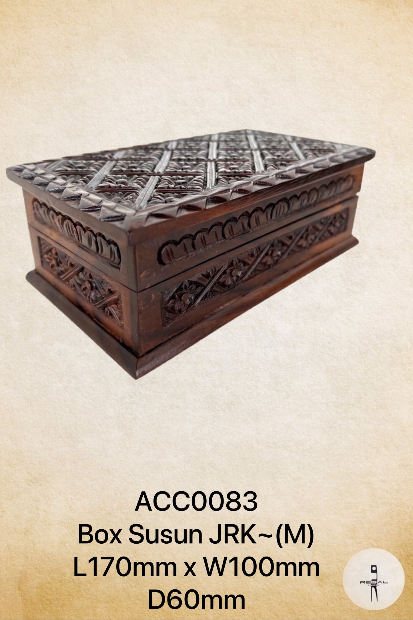 A brown wooden storage box with intricate carvings on the lid.