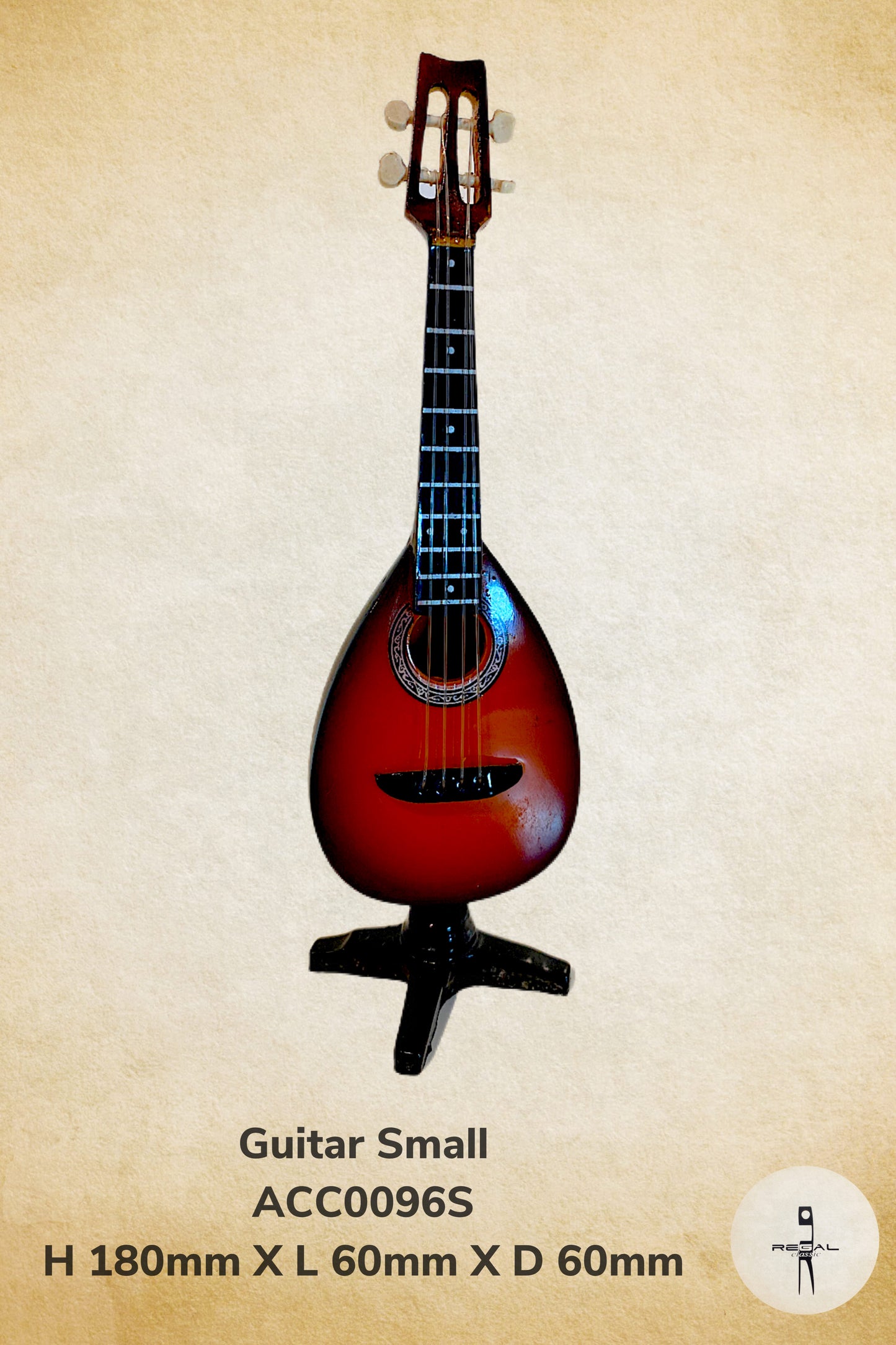 A small red and brown guitar with a black pickguard