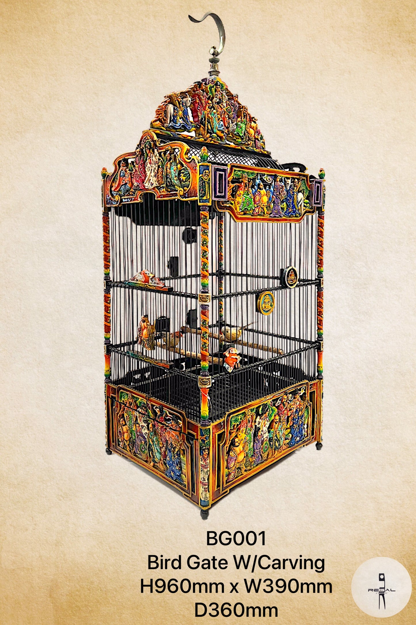 A colorful bird catch with carvings, featuring a cage and a decorative frame with cultural motifs.