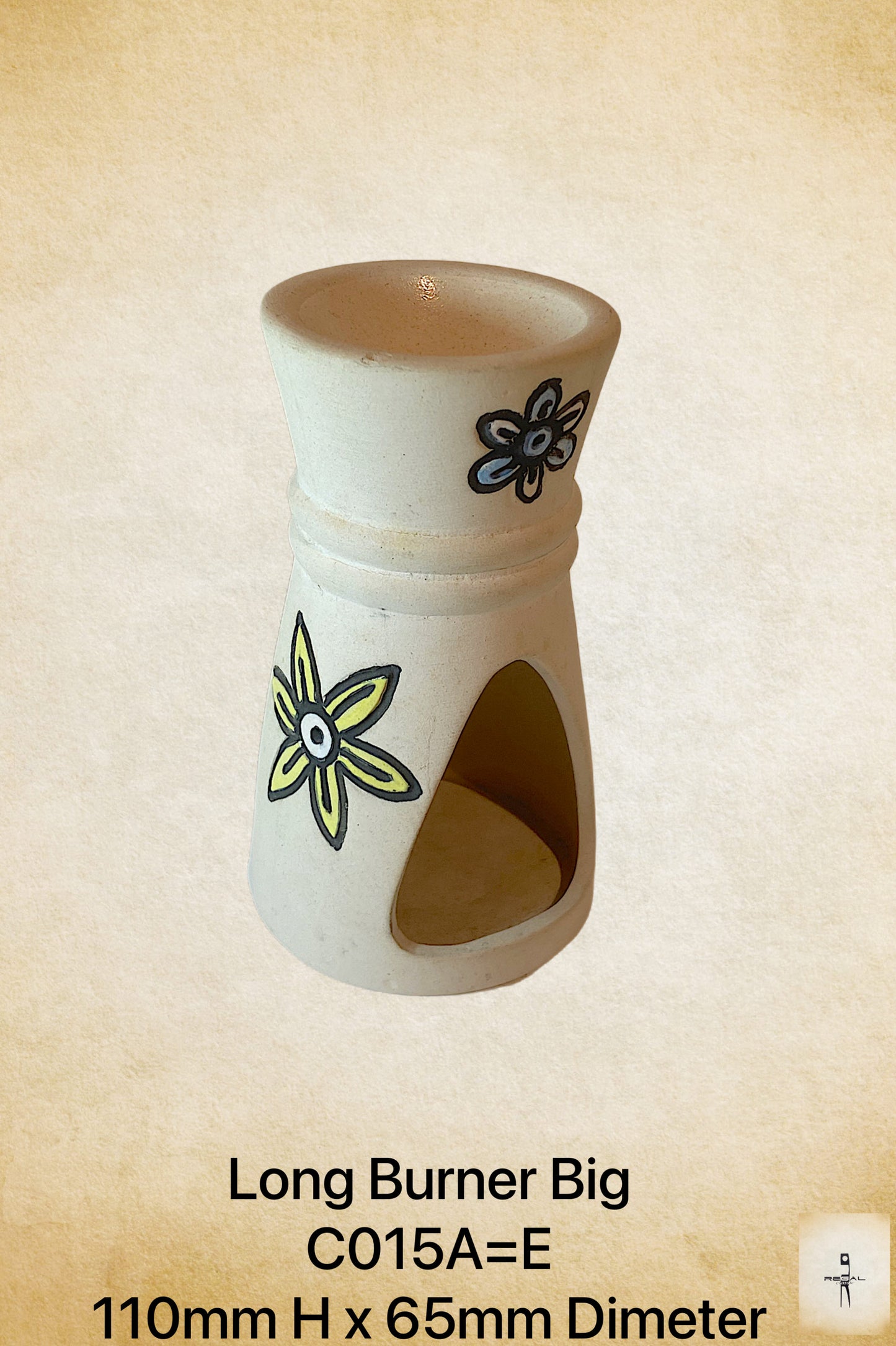A beige ceramic bunner with floral patterns painted in black and yellow.