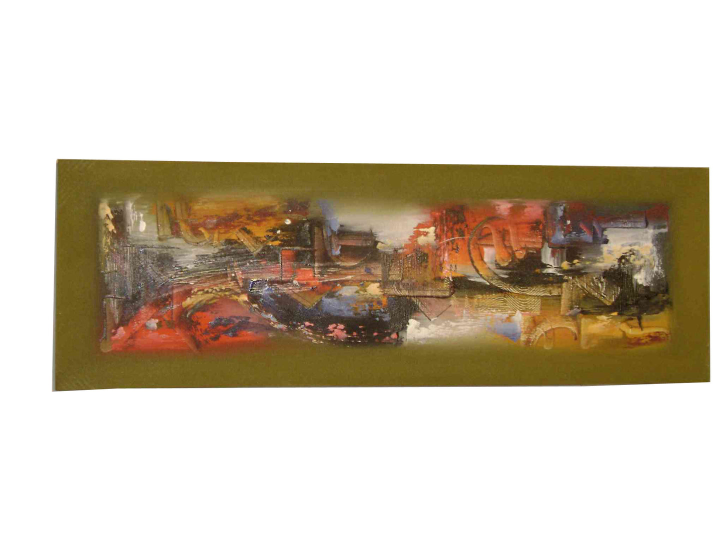 An abstract painting featuring various colors including red, blue, and green, with a modern geometric style, framed in a light green enclosure.