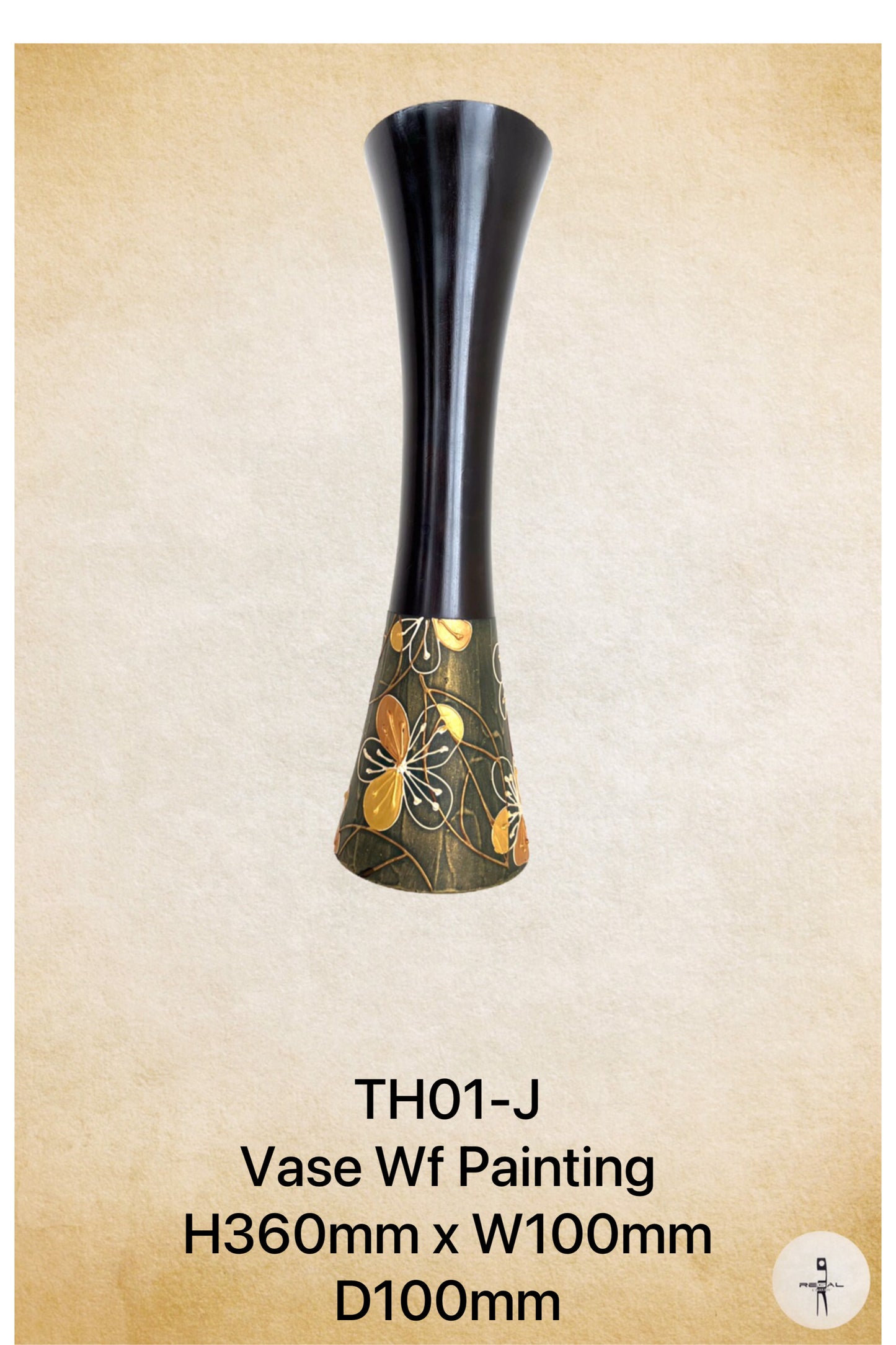 A black ceramic vase with gold, silver, and orange floral patterns on its body