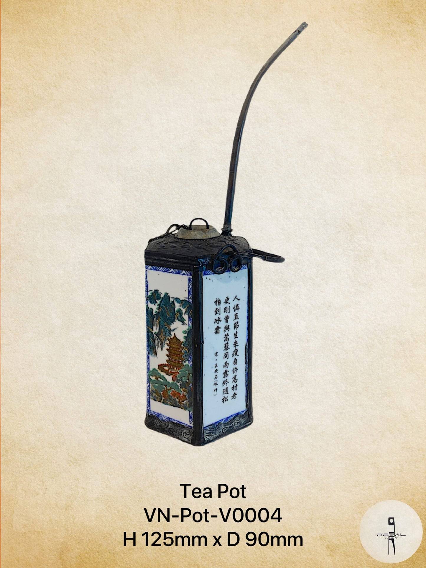 A black ceramic tea pot with a floral pattern on the side and a spout on the top.