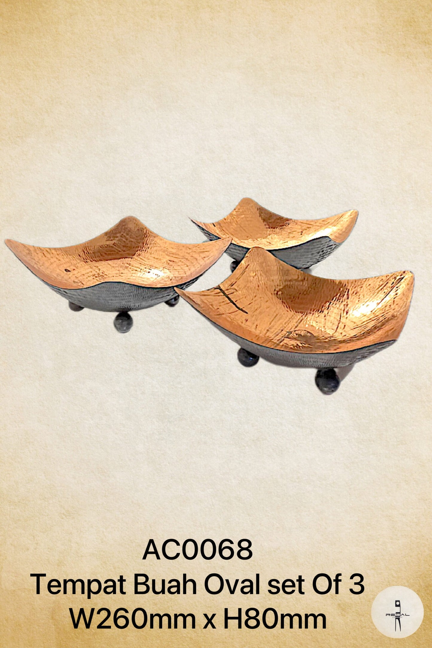 Three oval-shaped decorative trays with a metallic gold finish and wheels for movement, displayed against a neutral background.