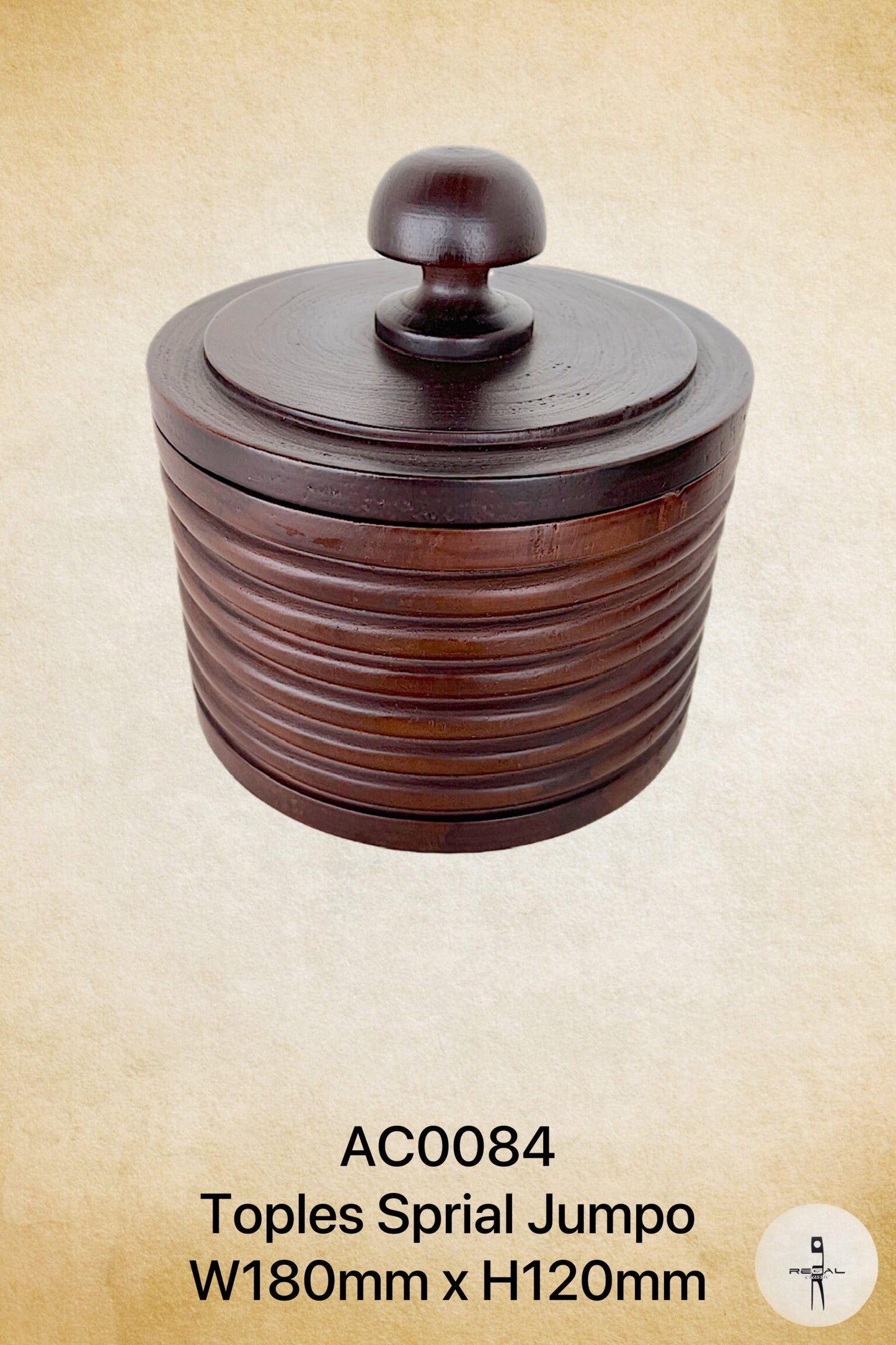 A brown spiral-patterned topless music box with a lid on a beige background.