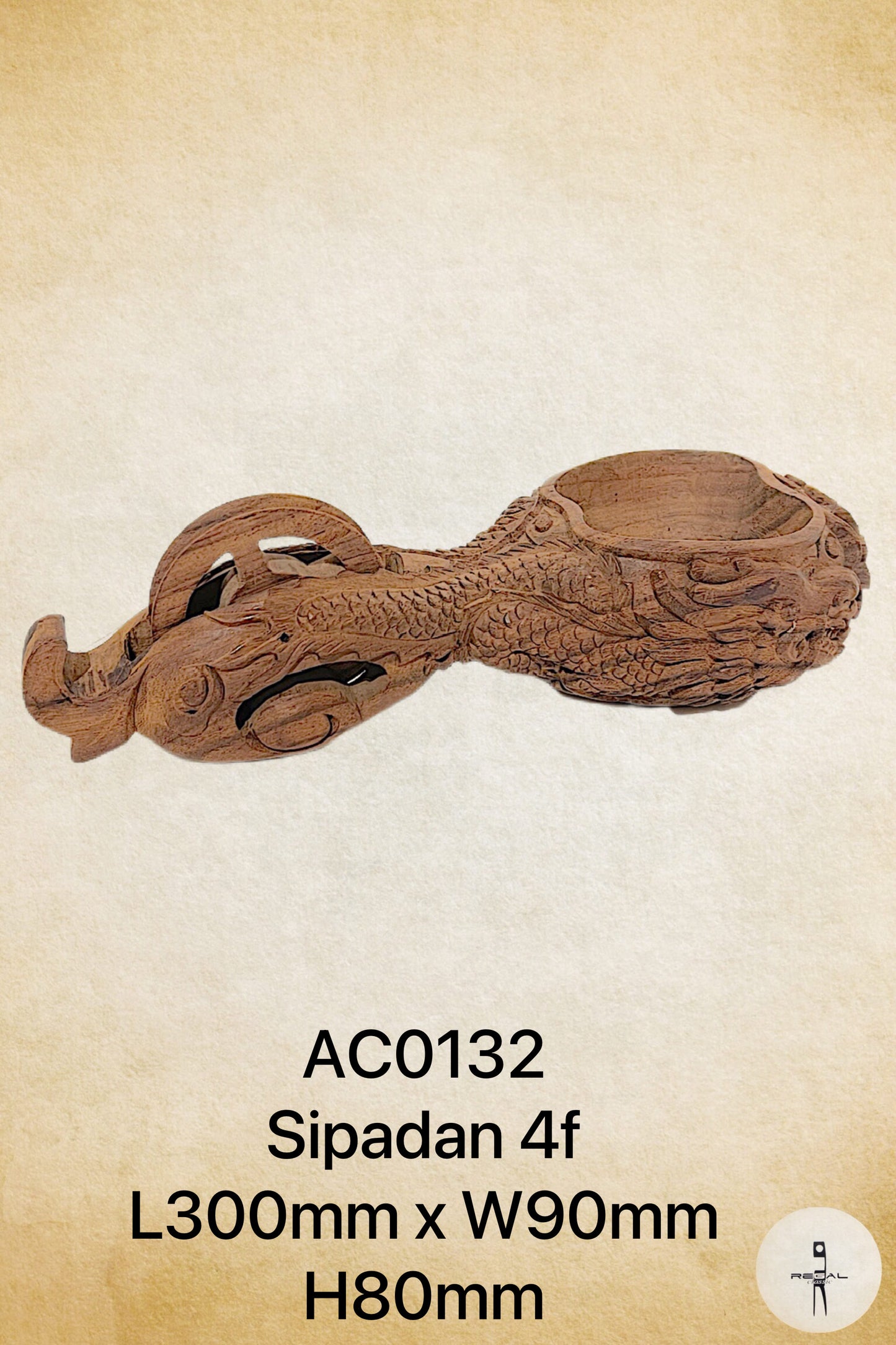 A wooden artwork piece resembling a dragon or a similar mythical creature, with intricate details and a curved shape, possibly used as an accessory or for display purposes.