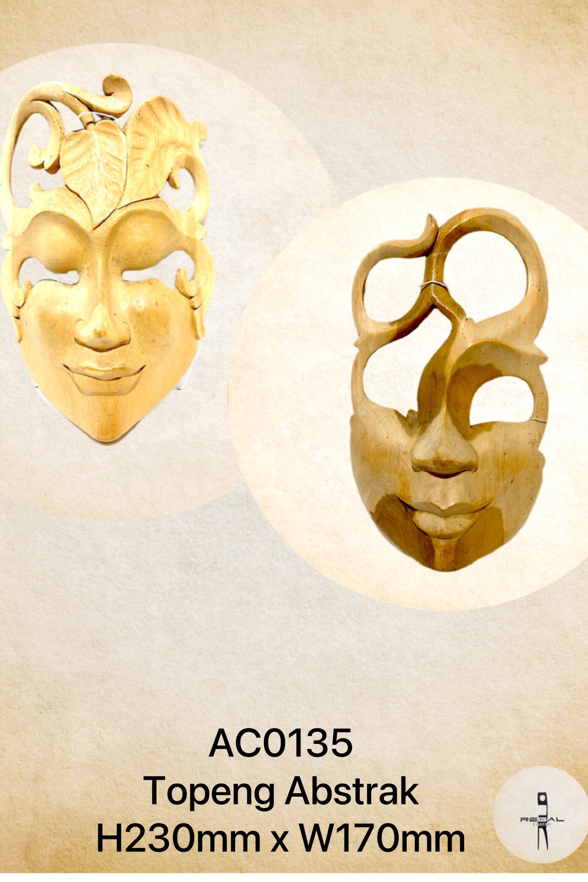 Two wooden face masks, one displayed as a full face and the other as a profile view, with intricate carvings.