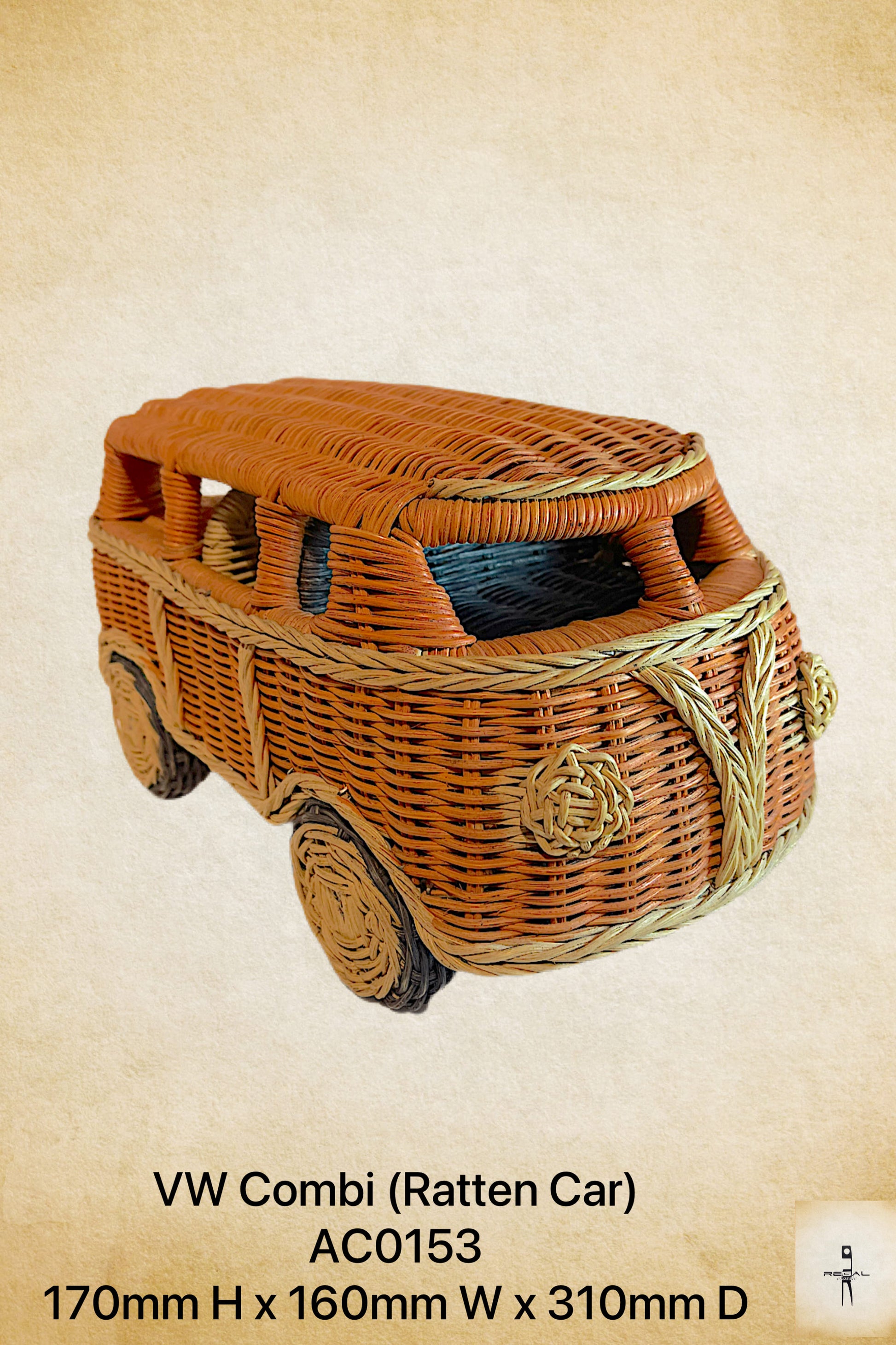 A rattan handicraft in the shape of a classic VW Combl (Rattan Car), predominantly brown in color with a woven texture.
