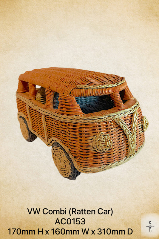 A rattan handicraft in the shape of a classic VW Combl (Rattan Car), predominantly brown in color with a woven texture.