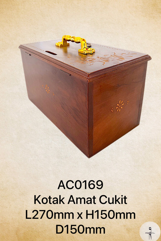 A brown wooden box with a lidded top and a front that opens to reveal the interior. The exterior is adorned with a floral pattern and there are silver-colored handles on the top.