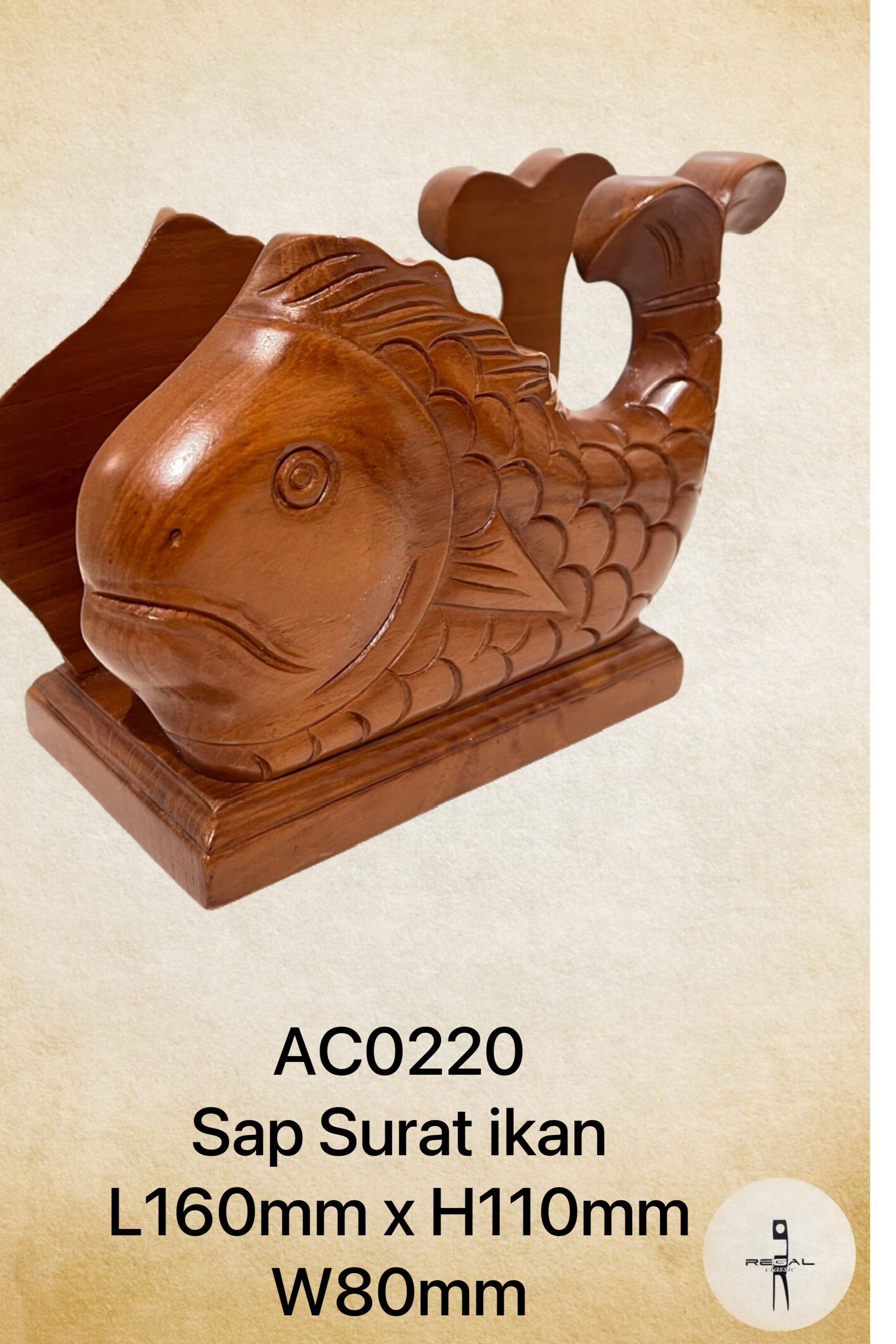 A wooden artwork in the shape of a fish, with a brown finish