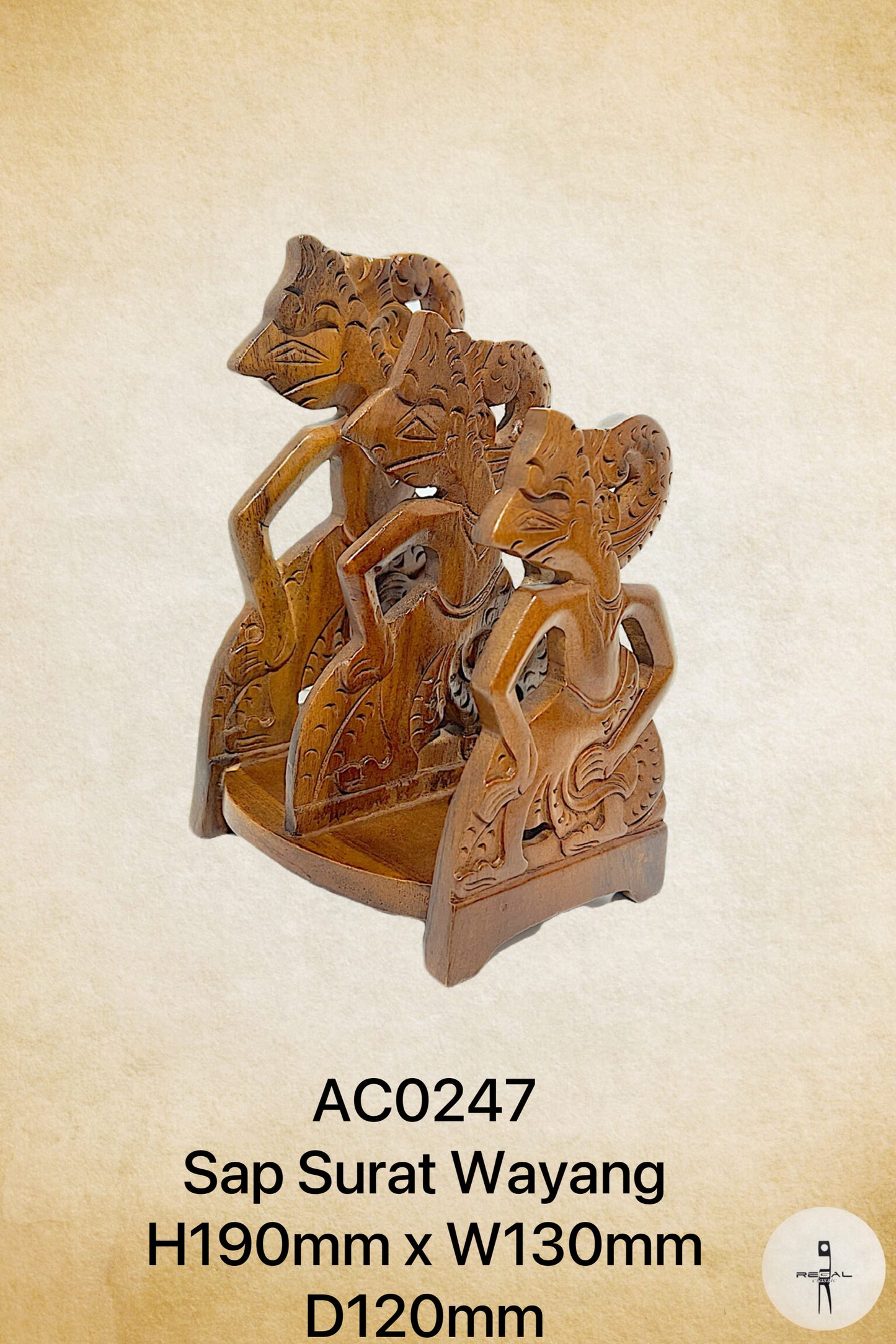 A wooden stand with multiple arms, each carved with a different figure