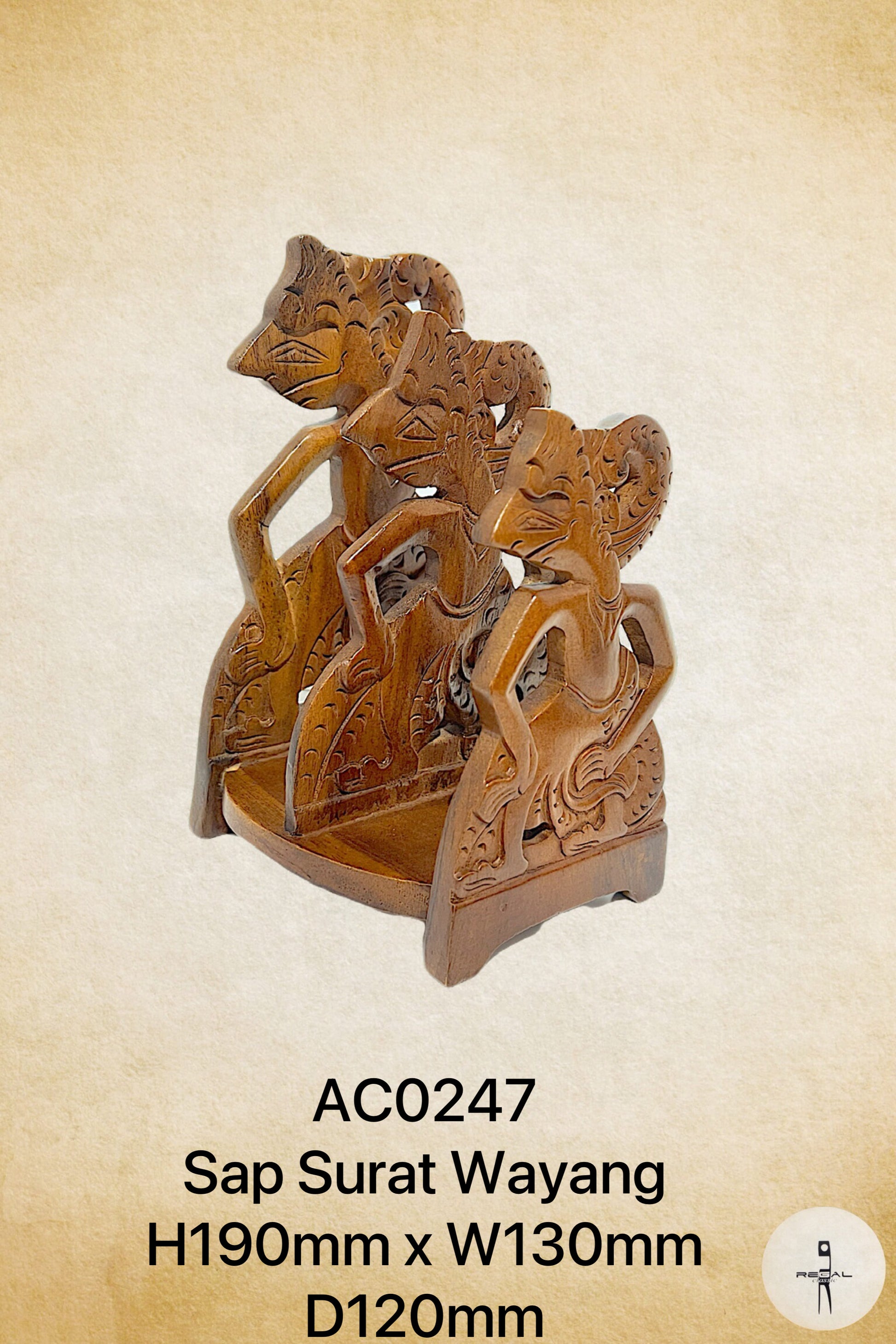 A wooden stand with multiple arms, each carved with a different figure