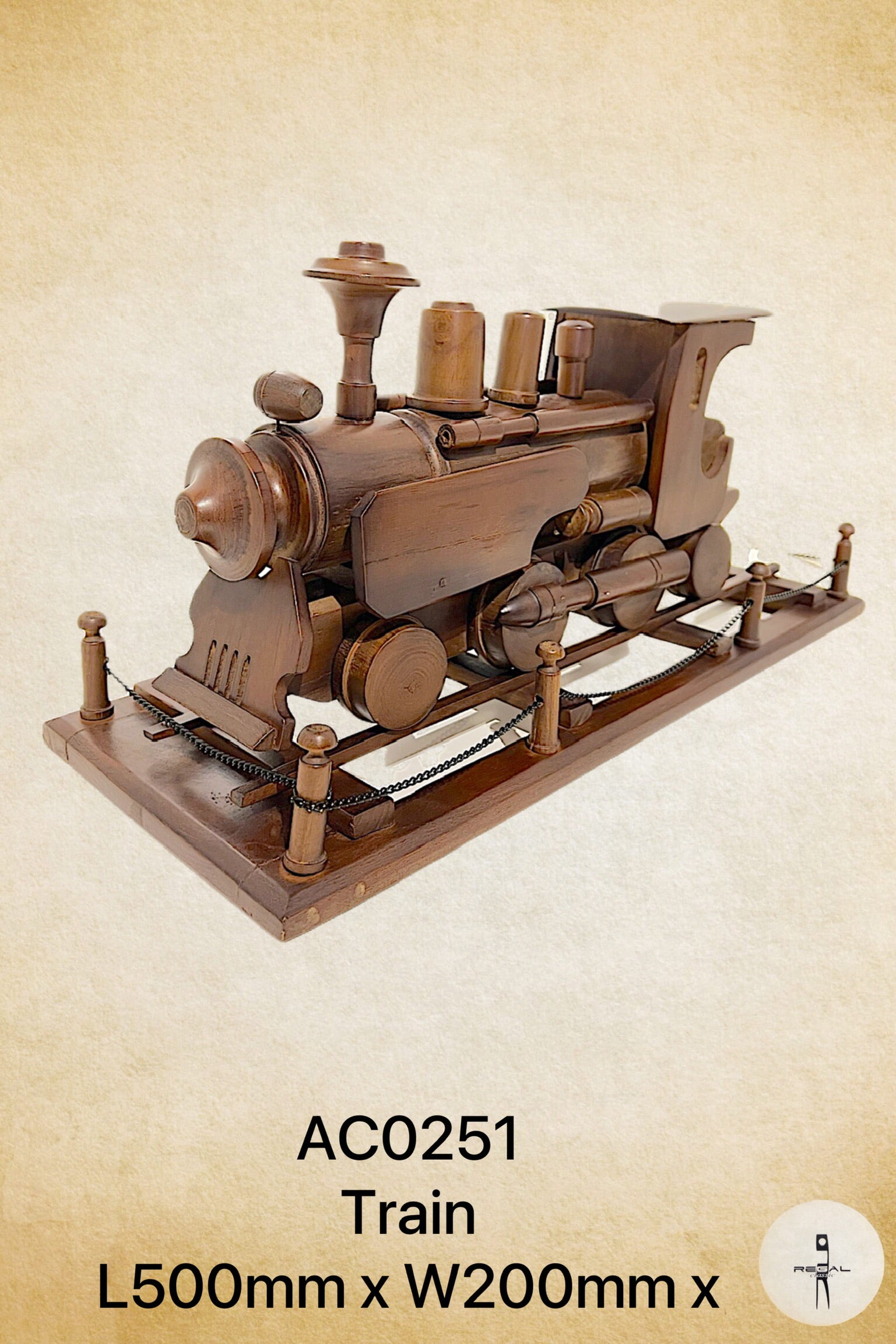 A brown, small-scale model of a steam train with various detailed parts and a display stand.