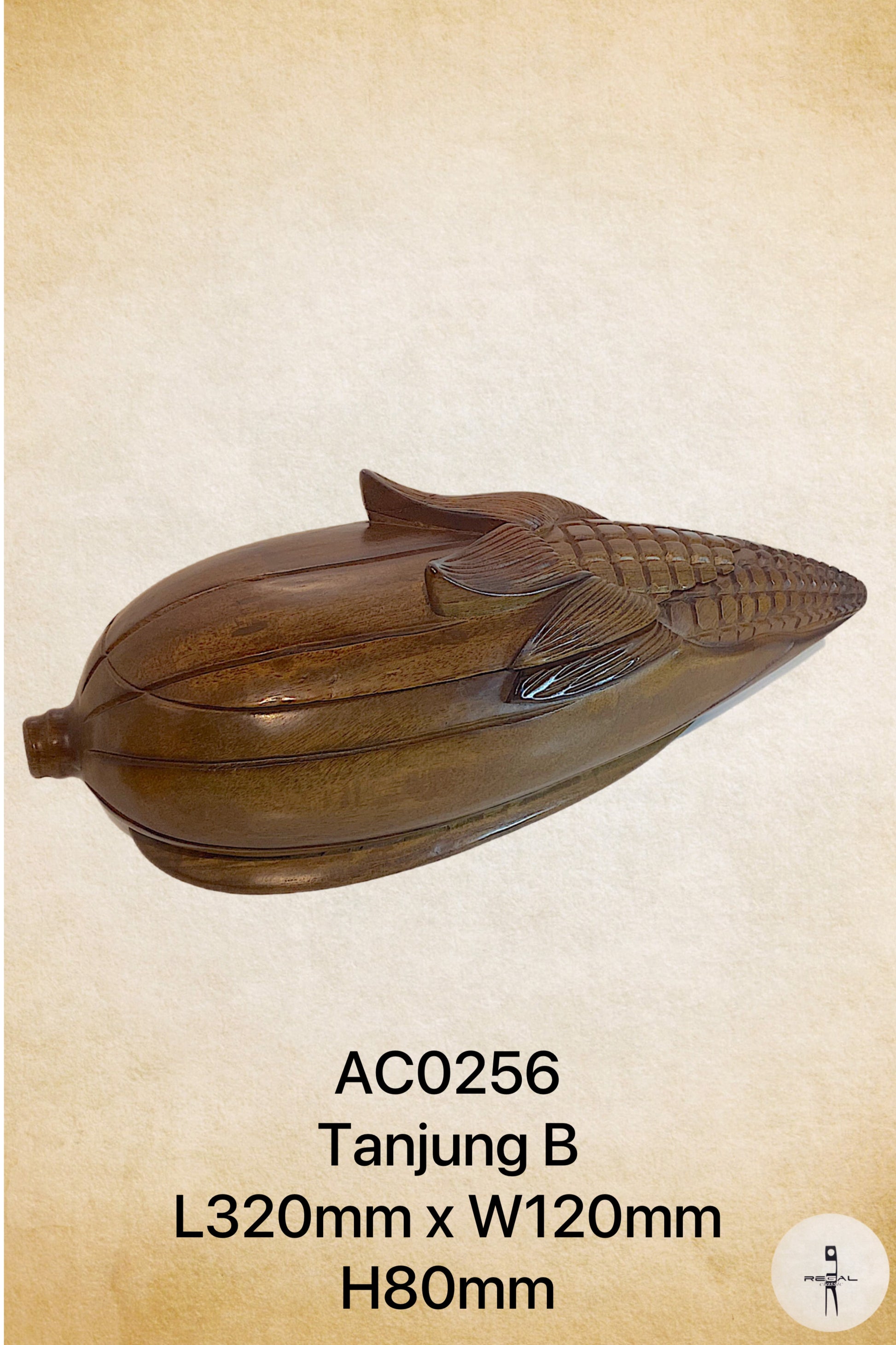 A brown, elongated, corn-shaped decorative item made of wood.