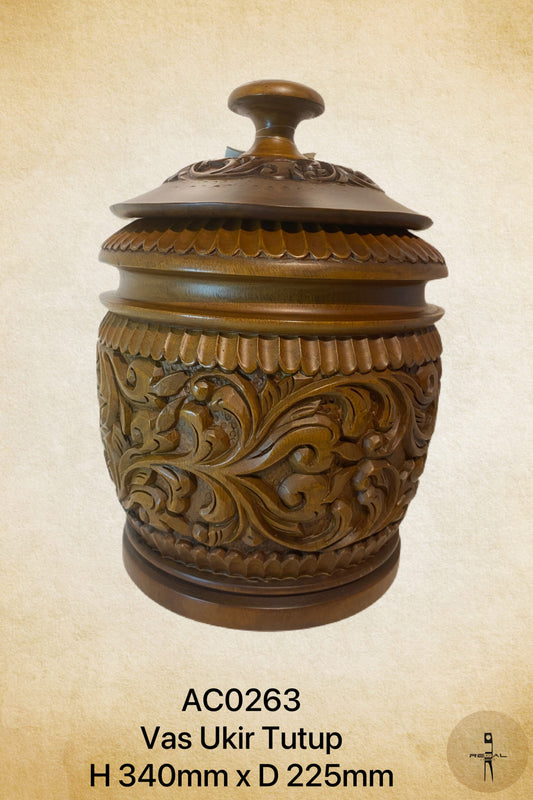 A brown wooden vase with intricate floral patterns and a lid on top.