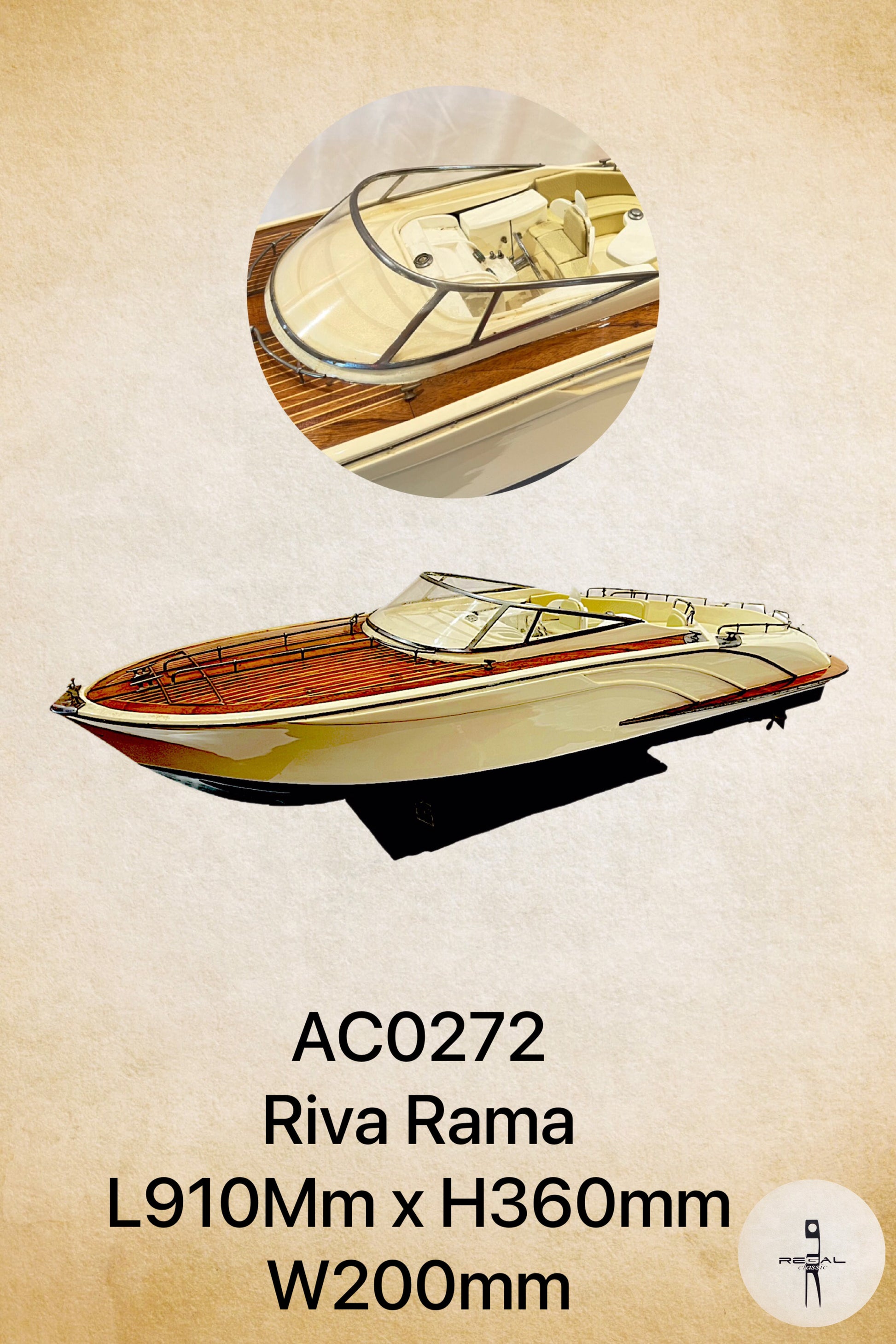 A model of a Riva Rama boat with a wooden structure and beige and brown detailing.