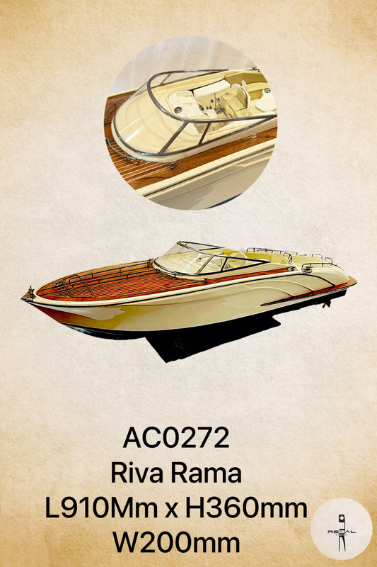 A model of a Riva Rama boat with a wooden structure and beige and brown detailing.