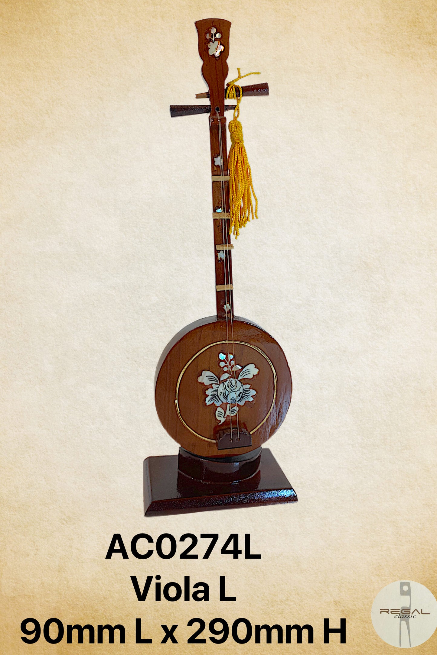 A viola with a wooden body and a decorative flower design on the front, mounted on a black stand with a yellow ribbon.