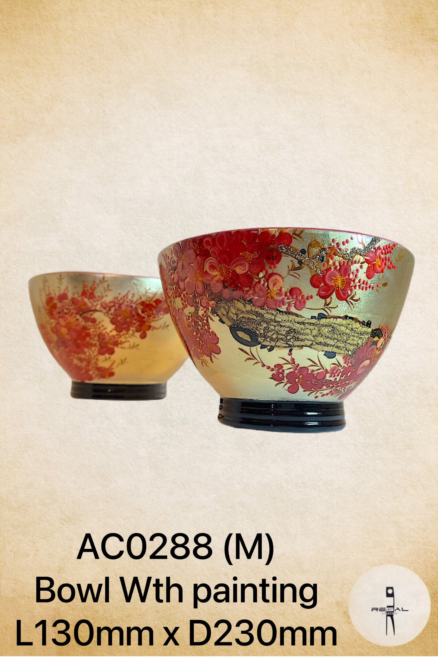 Two decorative bowls with a floral pattern in red, gold, and white colors