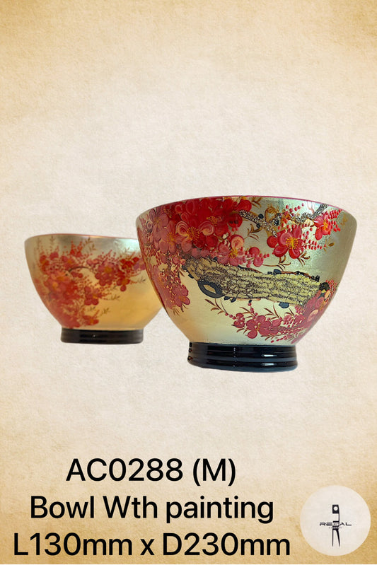 Two decorative bowls with a floral pattern in red, gold, and white colors