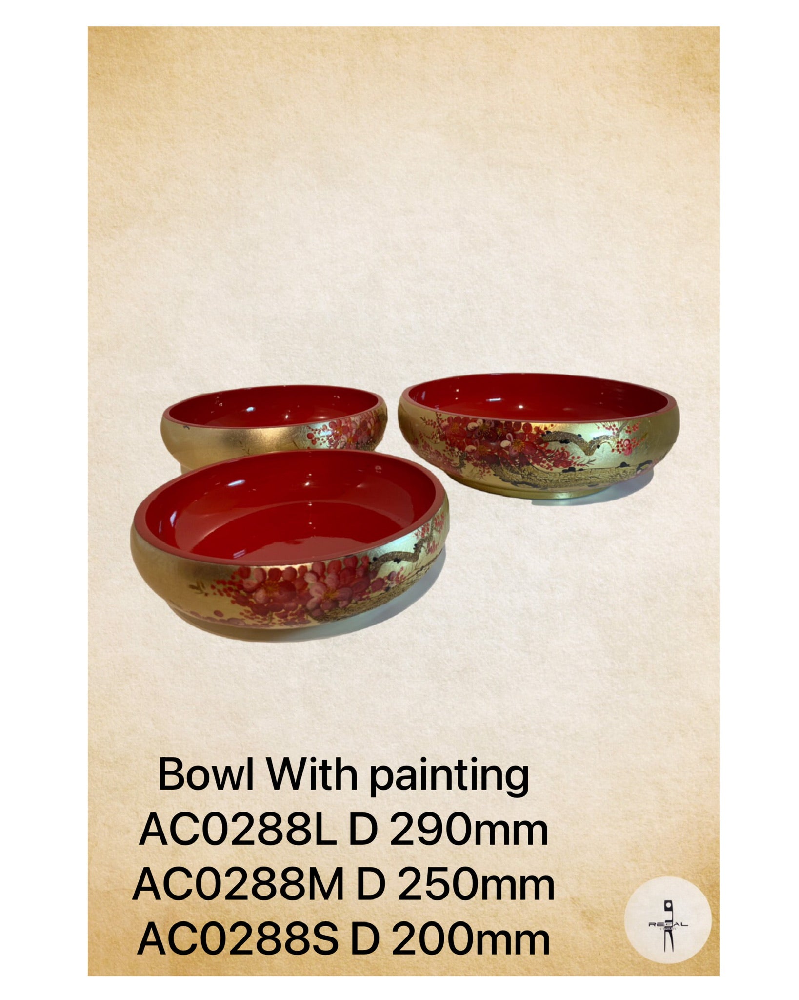 Decorative bowls with hand-painted floral patterns in red and gold colors