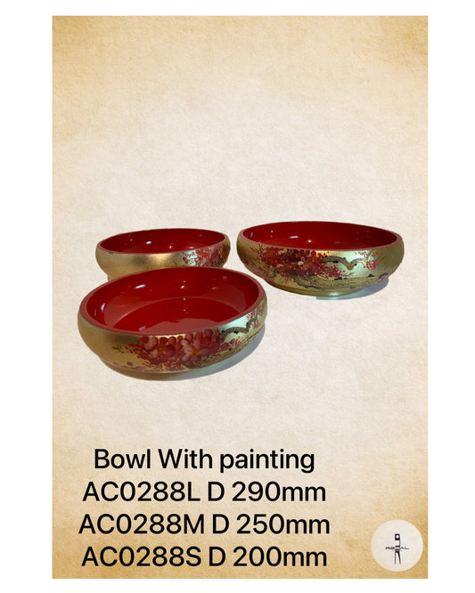 Decorative bowls with hand-painted floral patterns in red and gold colors