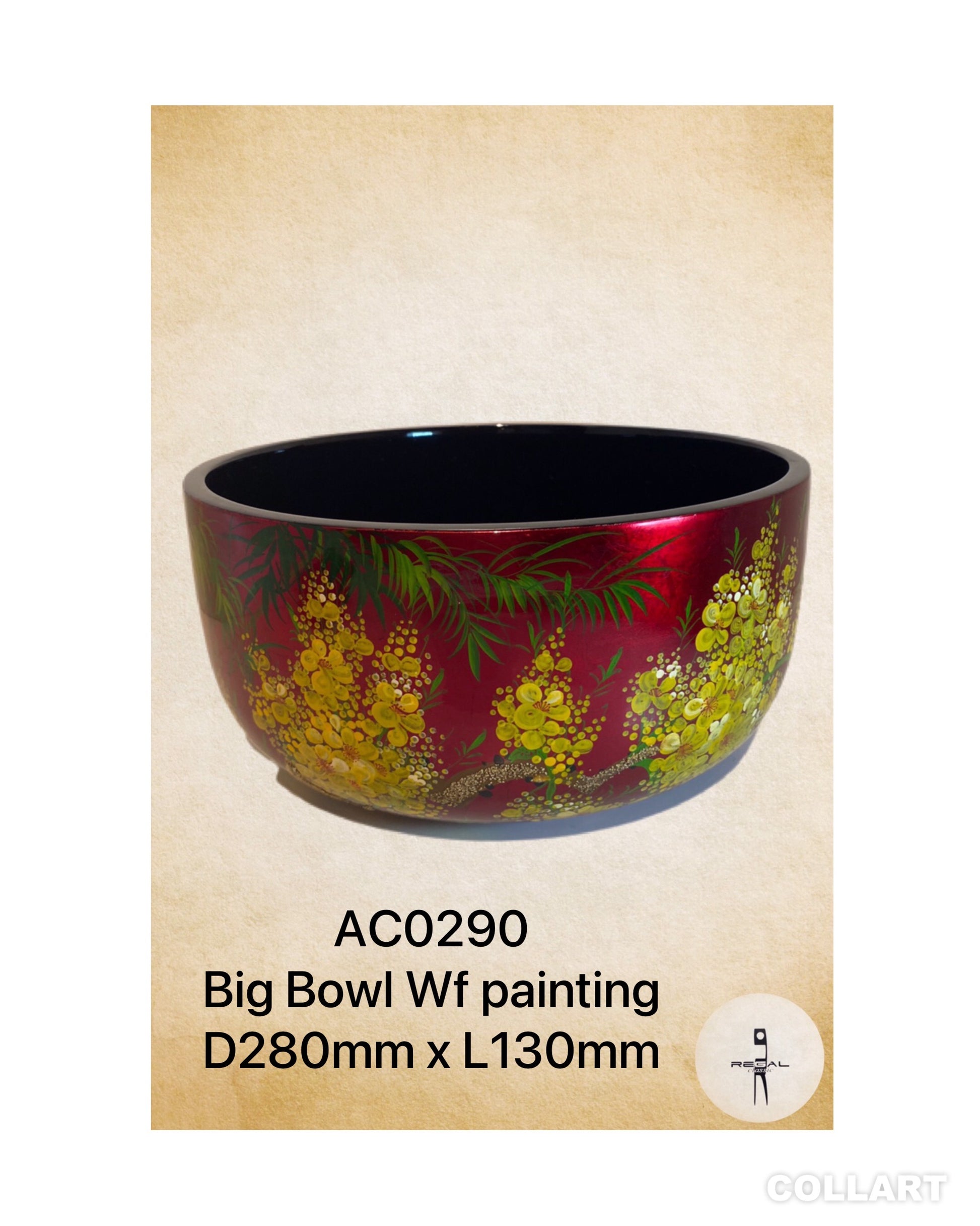 A decorative red and gold colored ceramic bowl with a floral pattern 