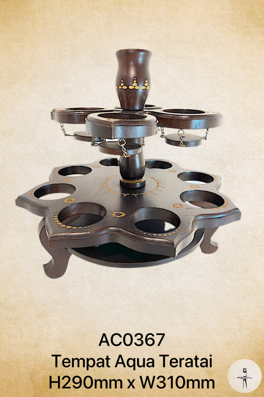 A round, brown wooden display stand with multiple shelves and a central support, designed for holding ornaments or handicrafts.