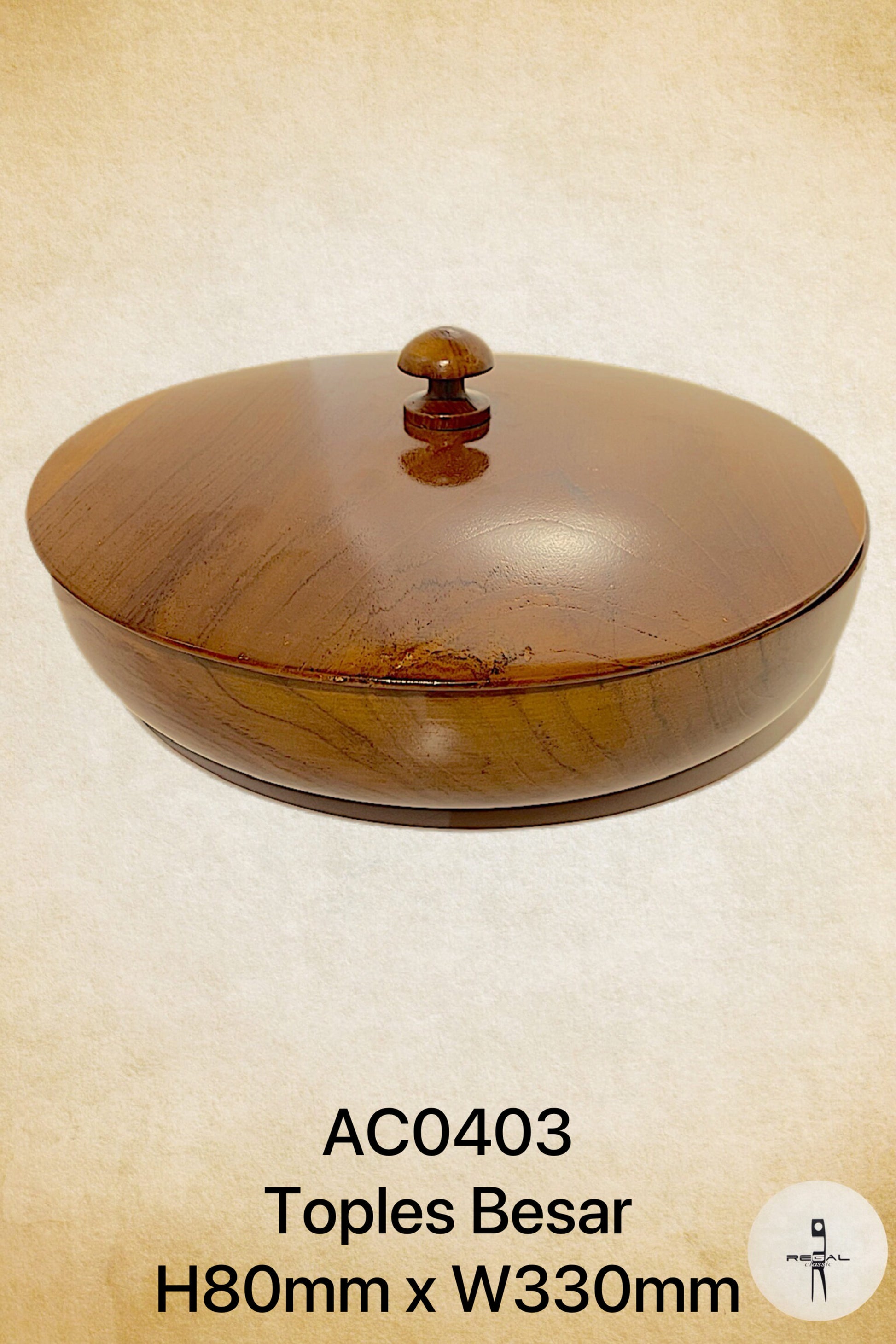 A round wooden box with a lid handle on top.