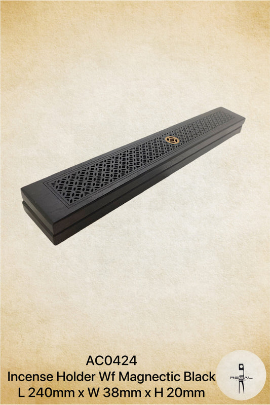 A black magnetic incense holder with a geometric pattern.