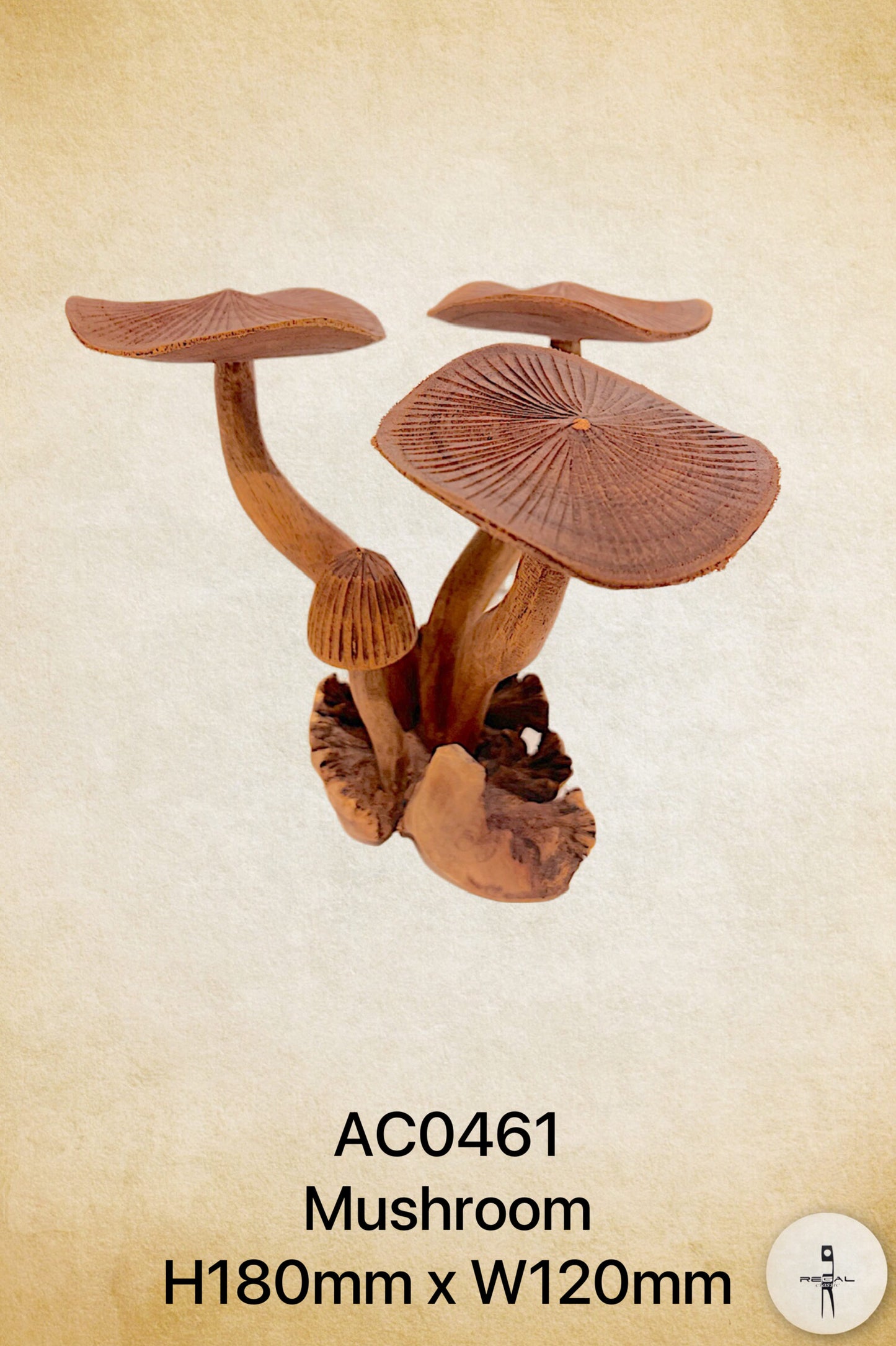 Two brown wooden mushroom-shaped decorations