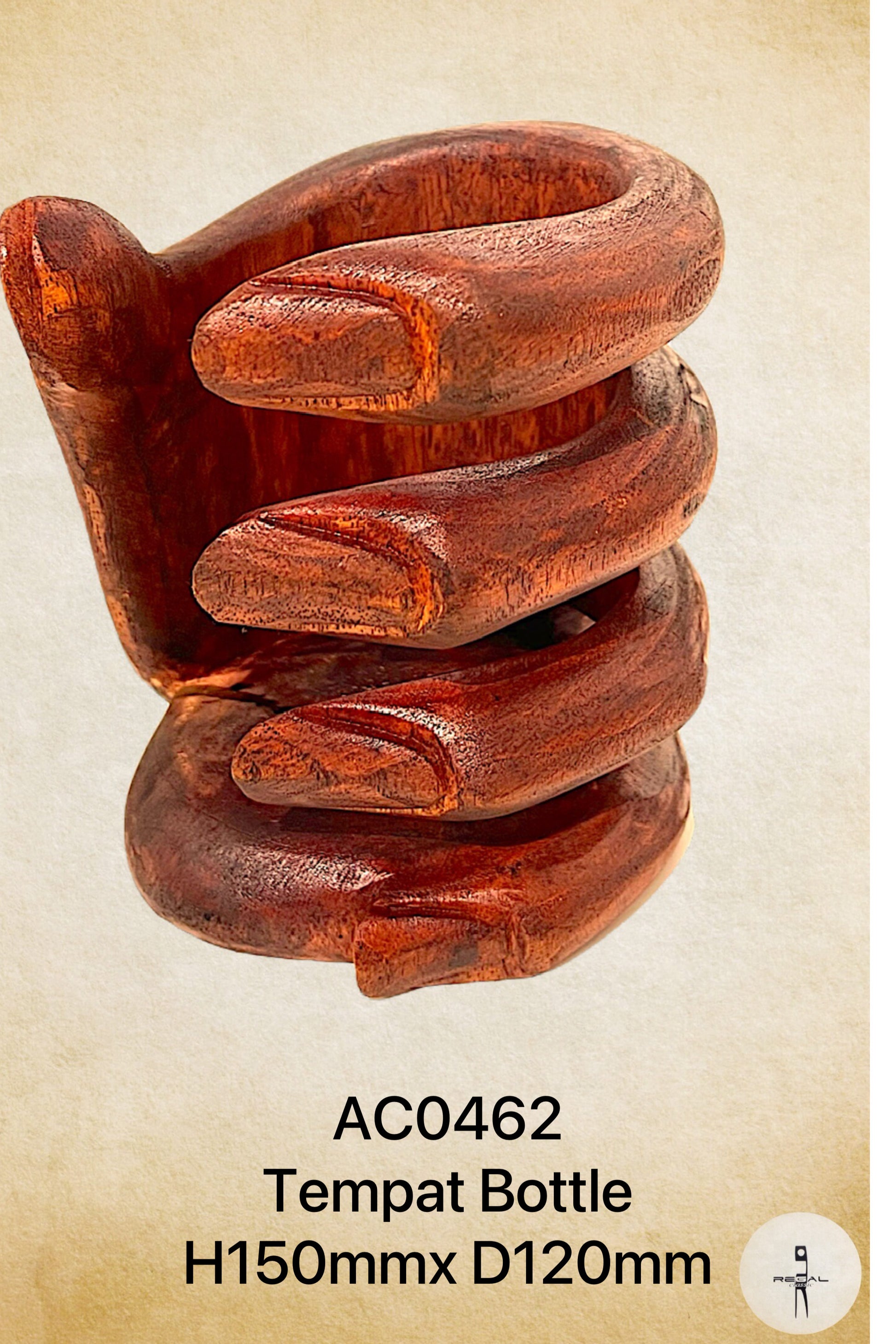 A wooden bottle holder designed to resemble a pair of hands, with a rich brown finish.