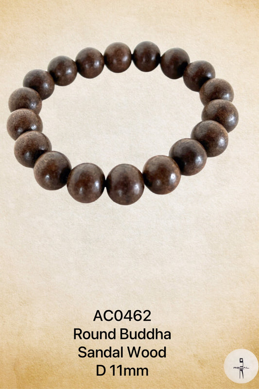 A series of round brown sandalwood beads strung on a light brown thread