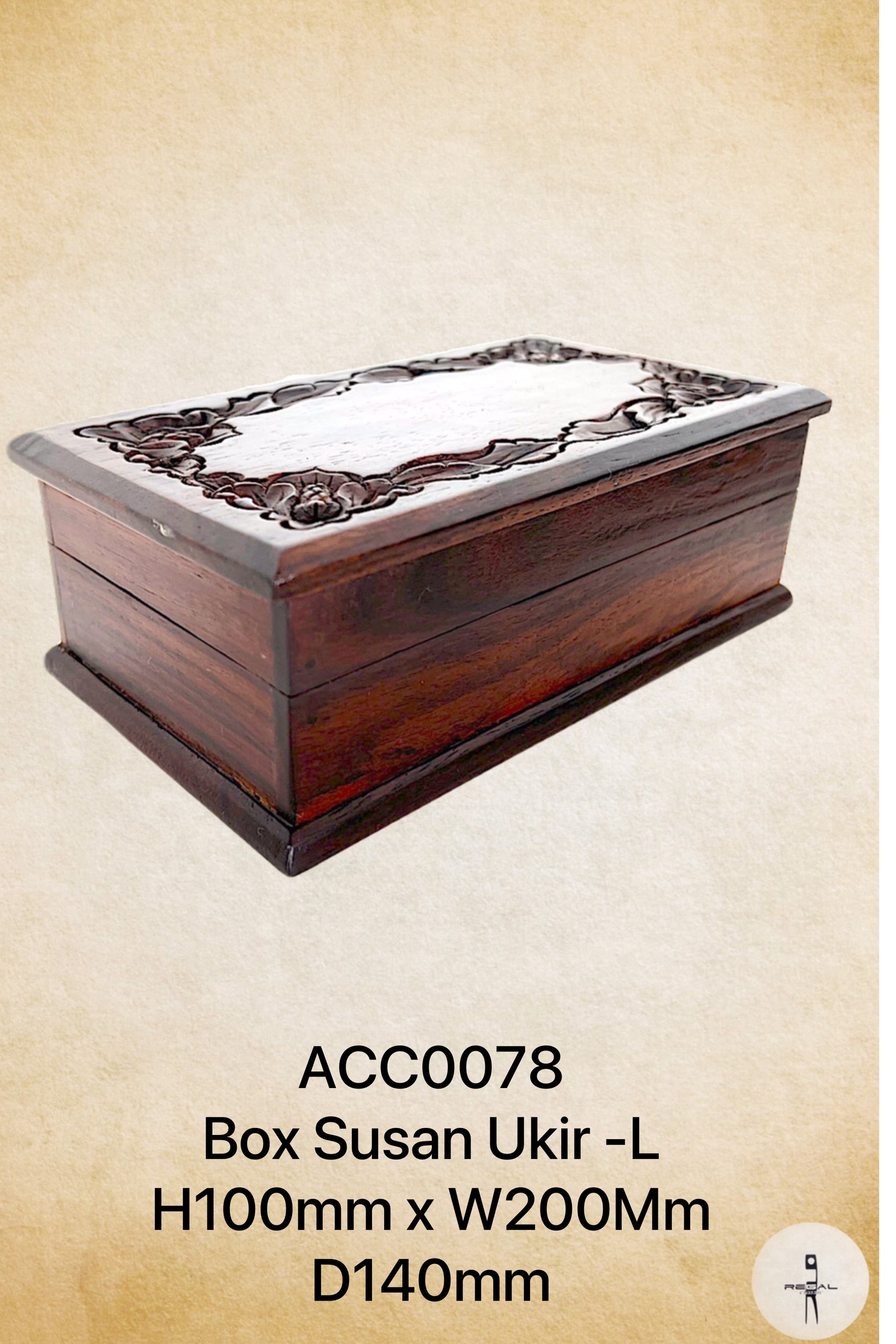 Brown wooden storage box with a white lid, decorated with intricate designs around the border.